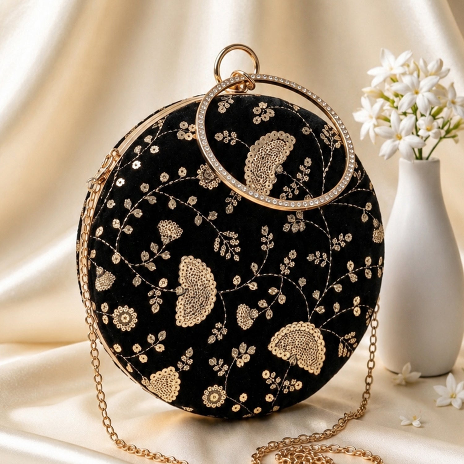 Artklim Black Floral Embroidered Round Handle Designer Clutch