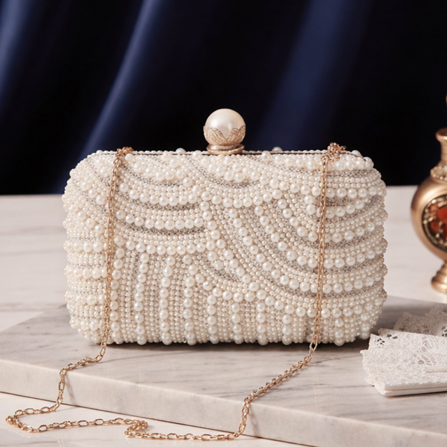White Pearl Beaded Evening Clutch