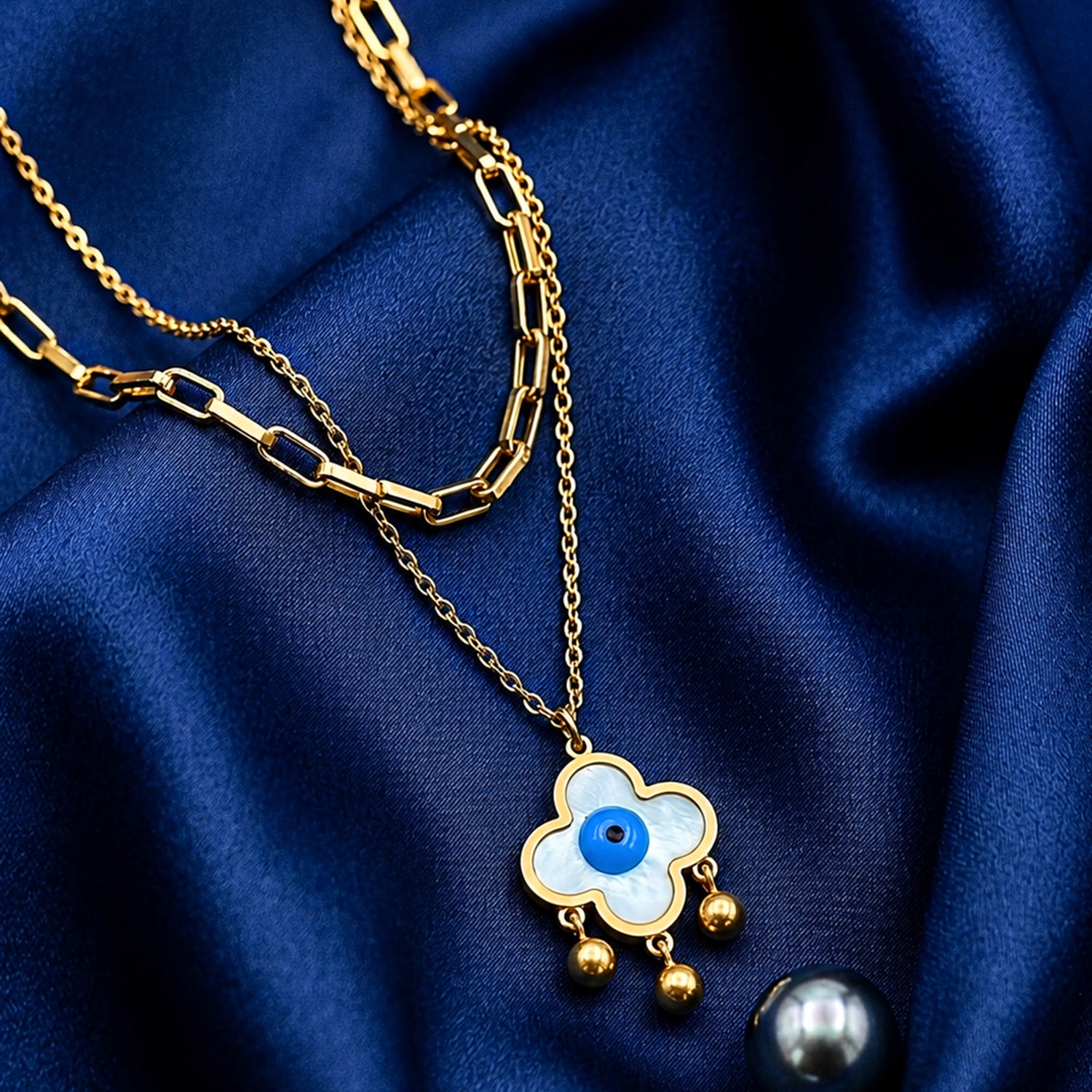 Artklim White Clover Evil Eye Layered Gold Chain Anti-Tarnish Necklace