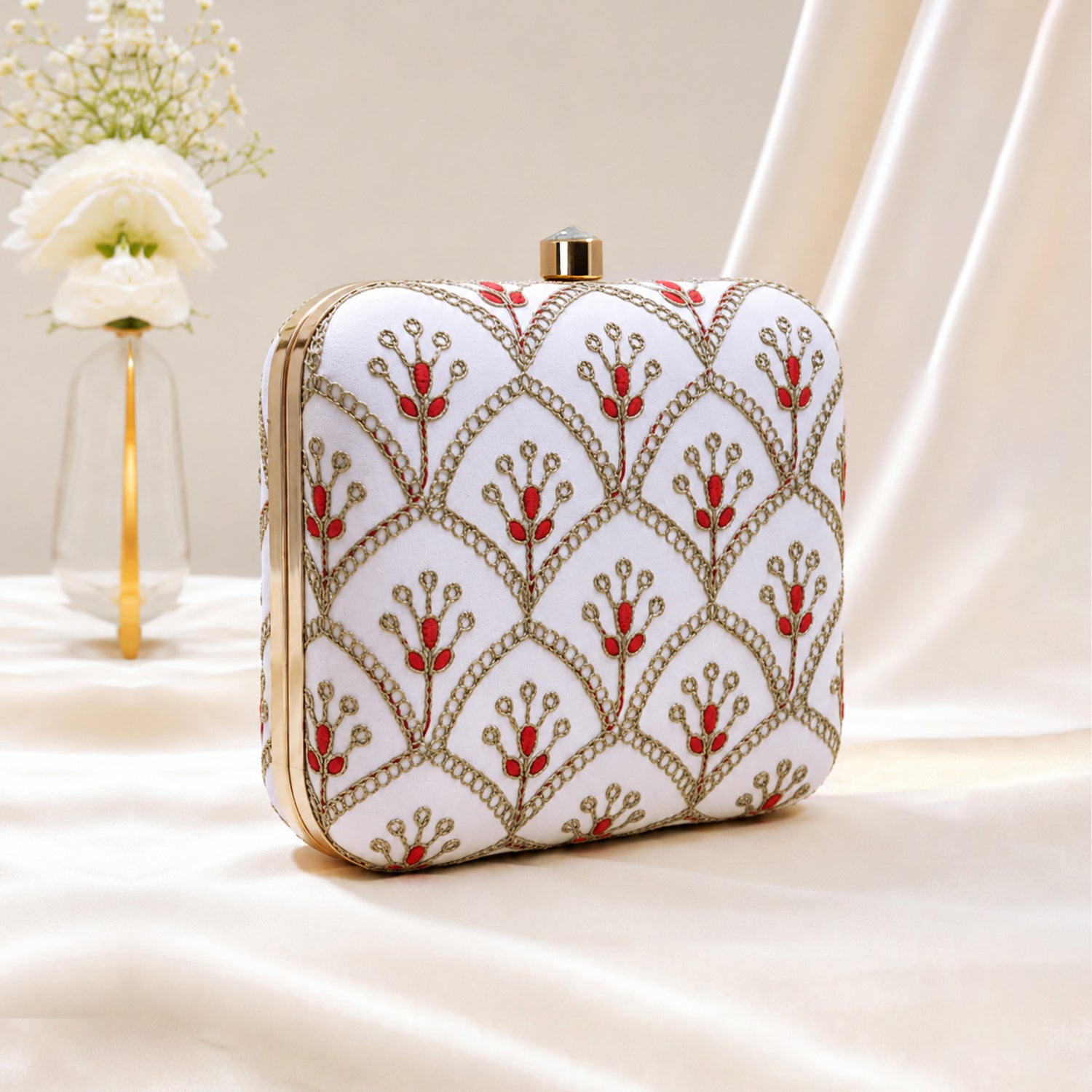 Artklim White & Red Floral Embroidered Clutch