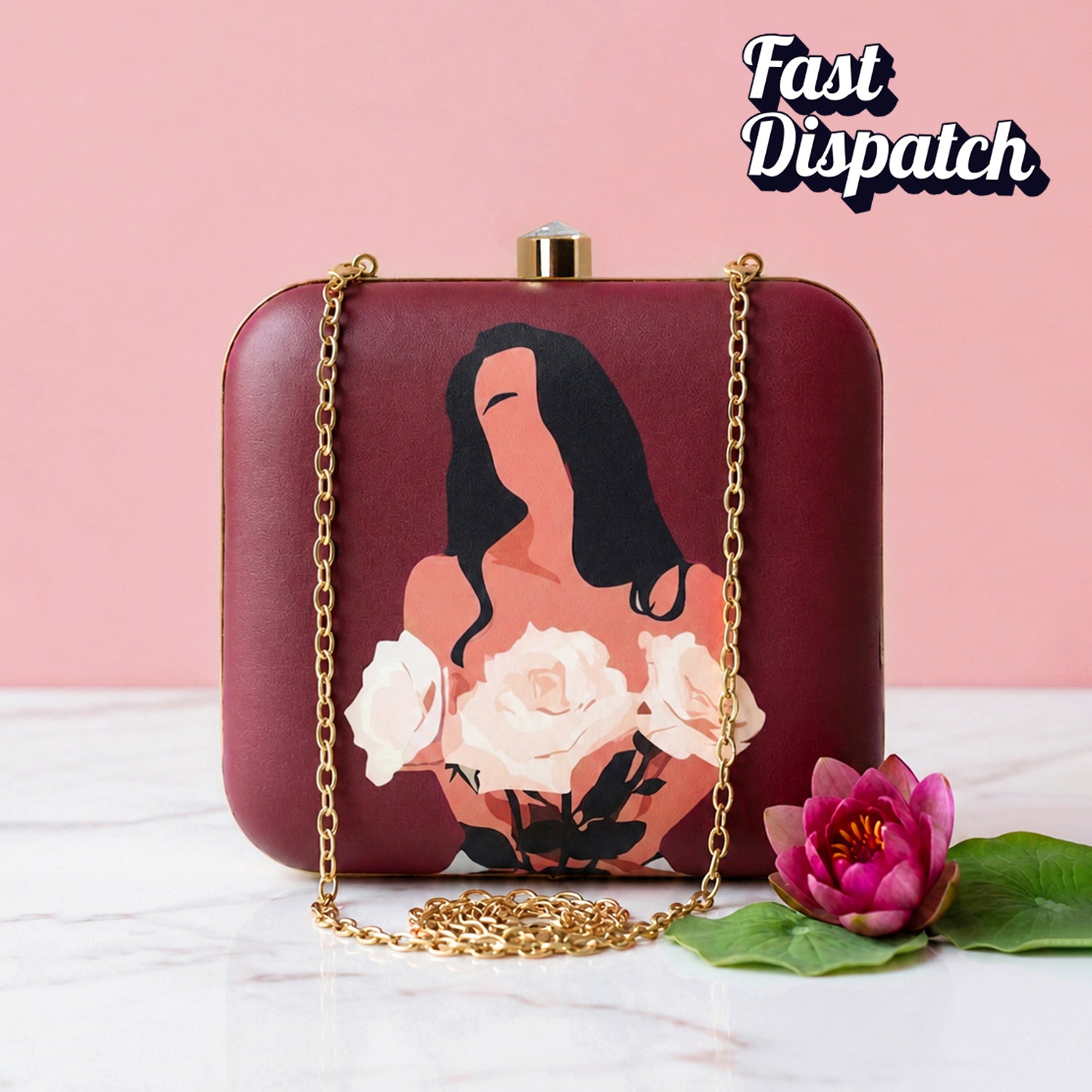Artklim Maroon Flower Girl Portrait Printed Clutch