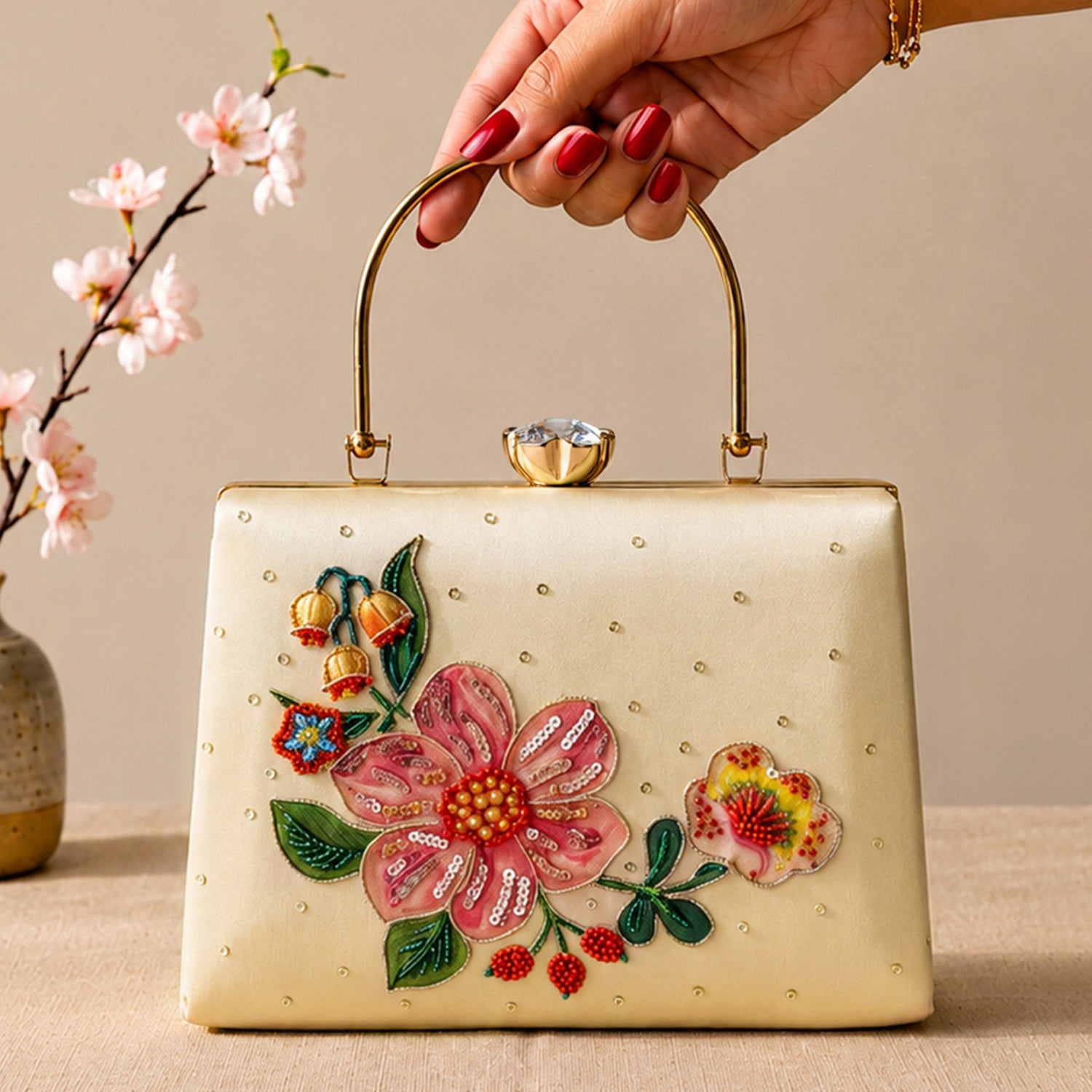Artklim Printed Ivory Blossom Clutch with Hand Embroidery