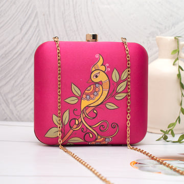 Artklim Pink with Artistic Peacock Printed Clutch