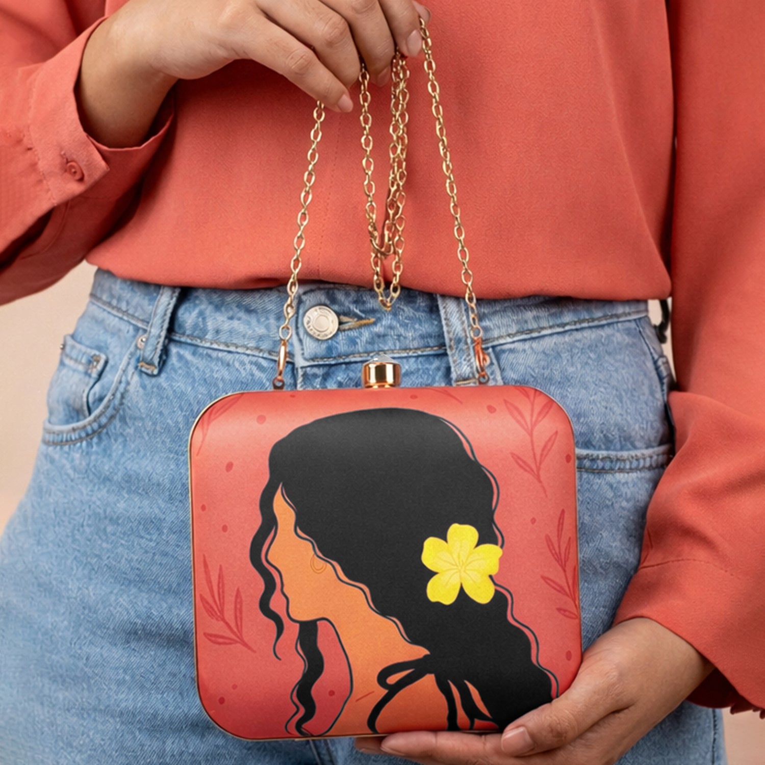 Artklim Girl With Yellow Flower Portrait Printed Clutch
