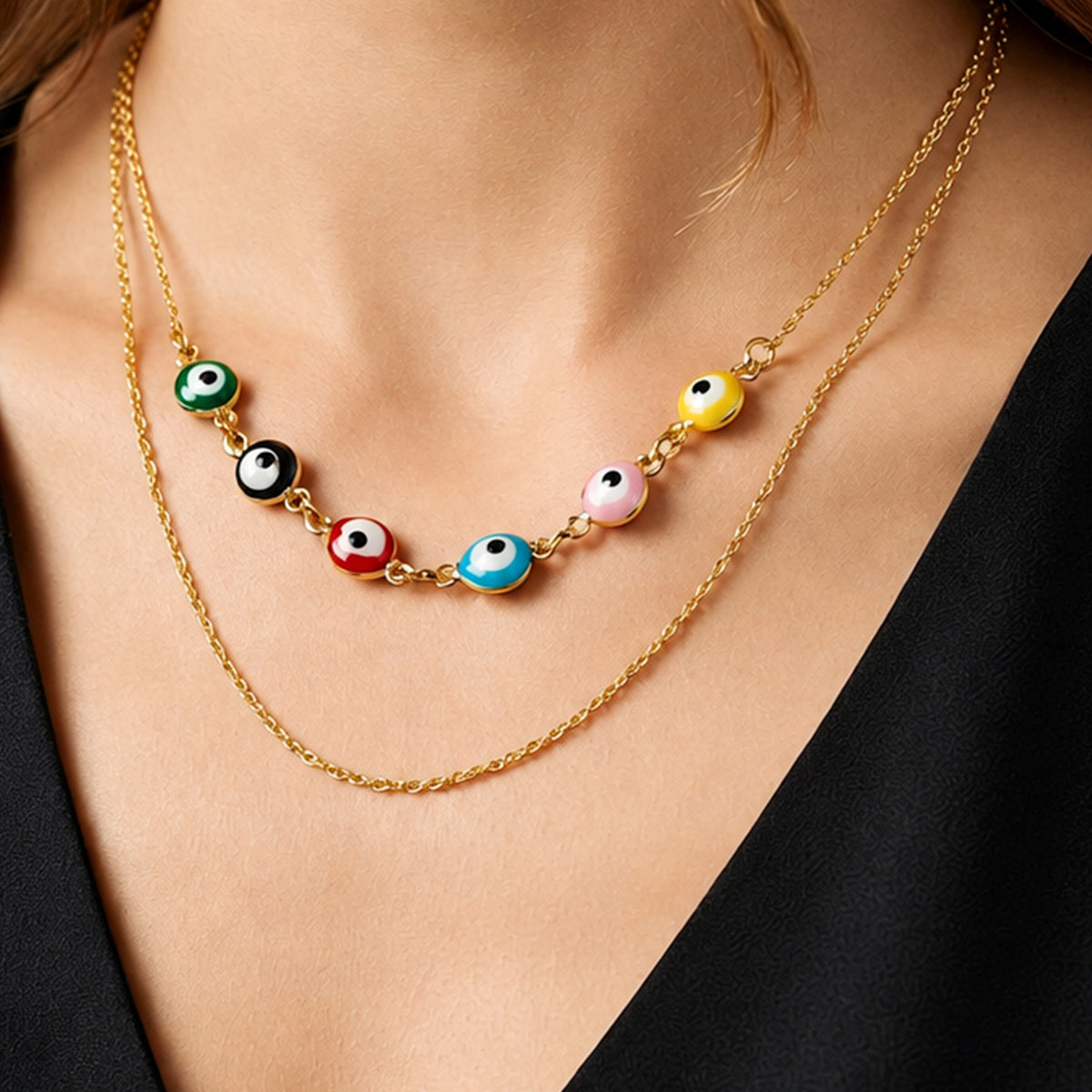 Artklim Multicolor Evil Eye Bead Layered Chain Anti-Tarnish Pendant Necklace