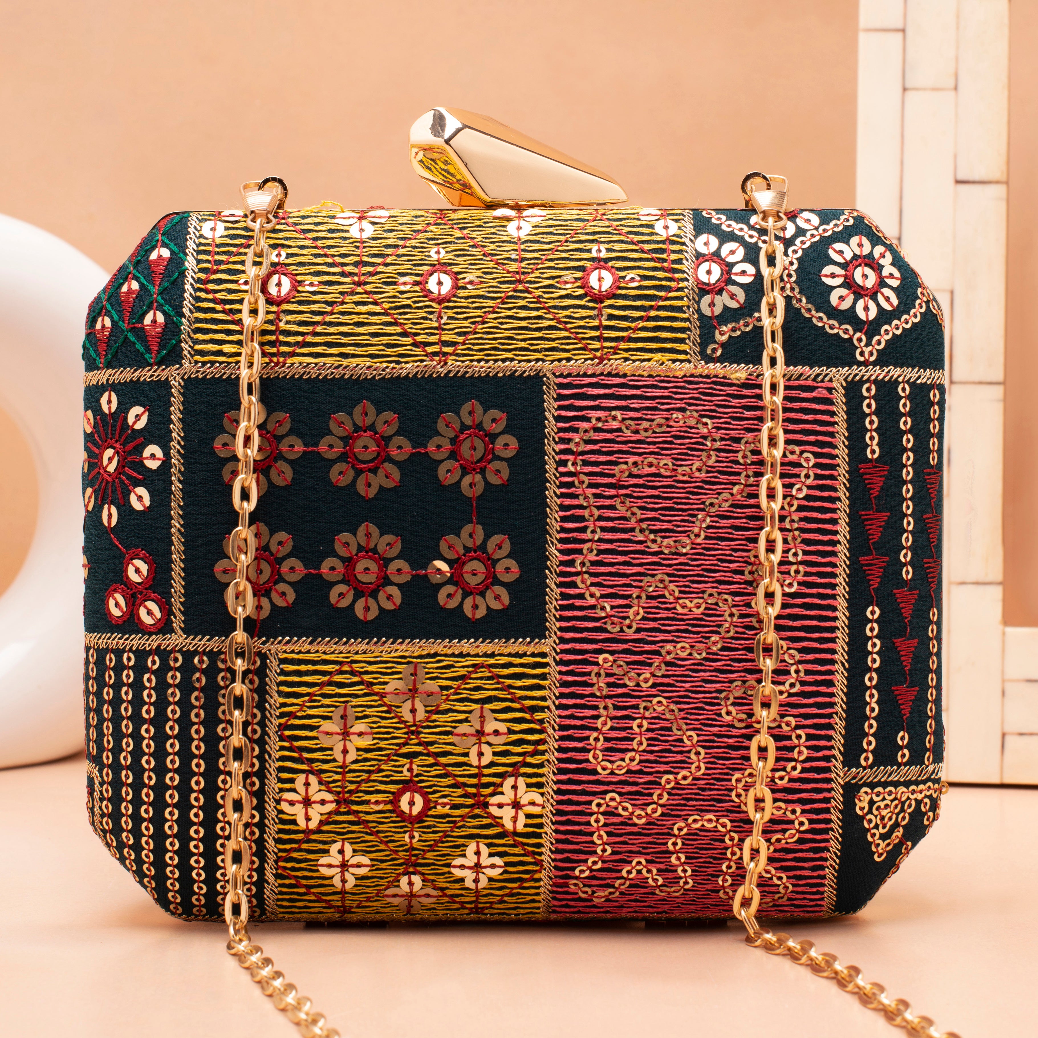 Artklim Black Based Sequins And Threadwork Embroidery Clutch