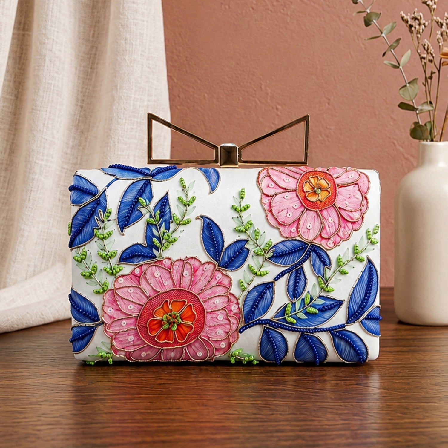 Artklim Printed White Pink & Blue Floral Designer Clutch with Hand Embroidery