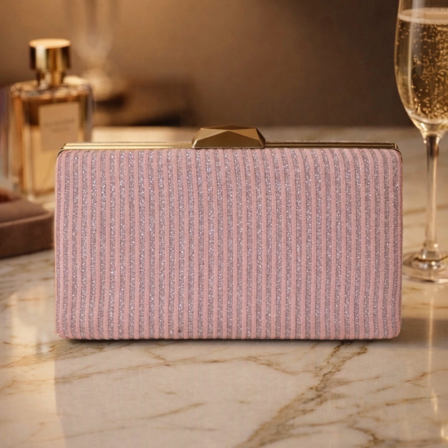 Artklim Elegant Blush Pink Shimmer Striped Clutch