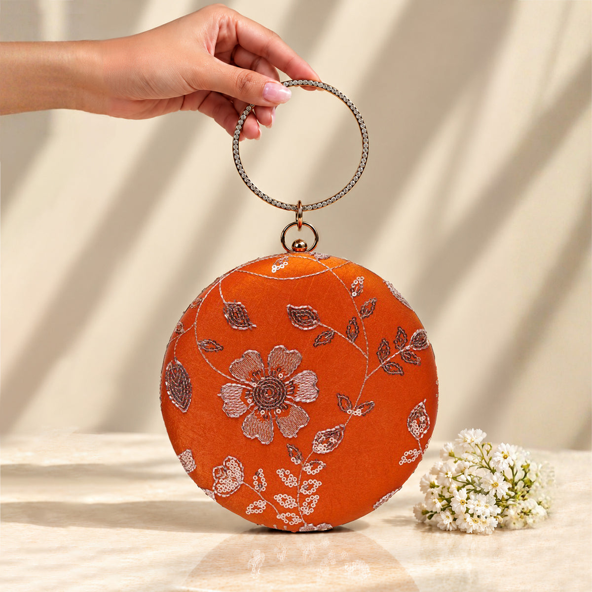 Artklim Elegant Orange Floral Embroidered Round Clutch Bag with Crystal Ring Handle