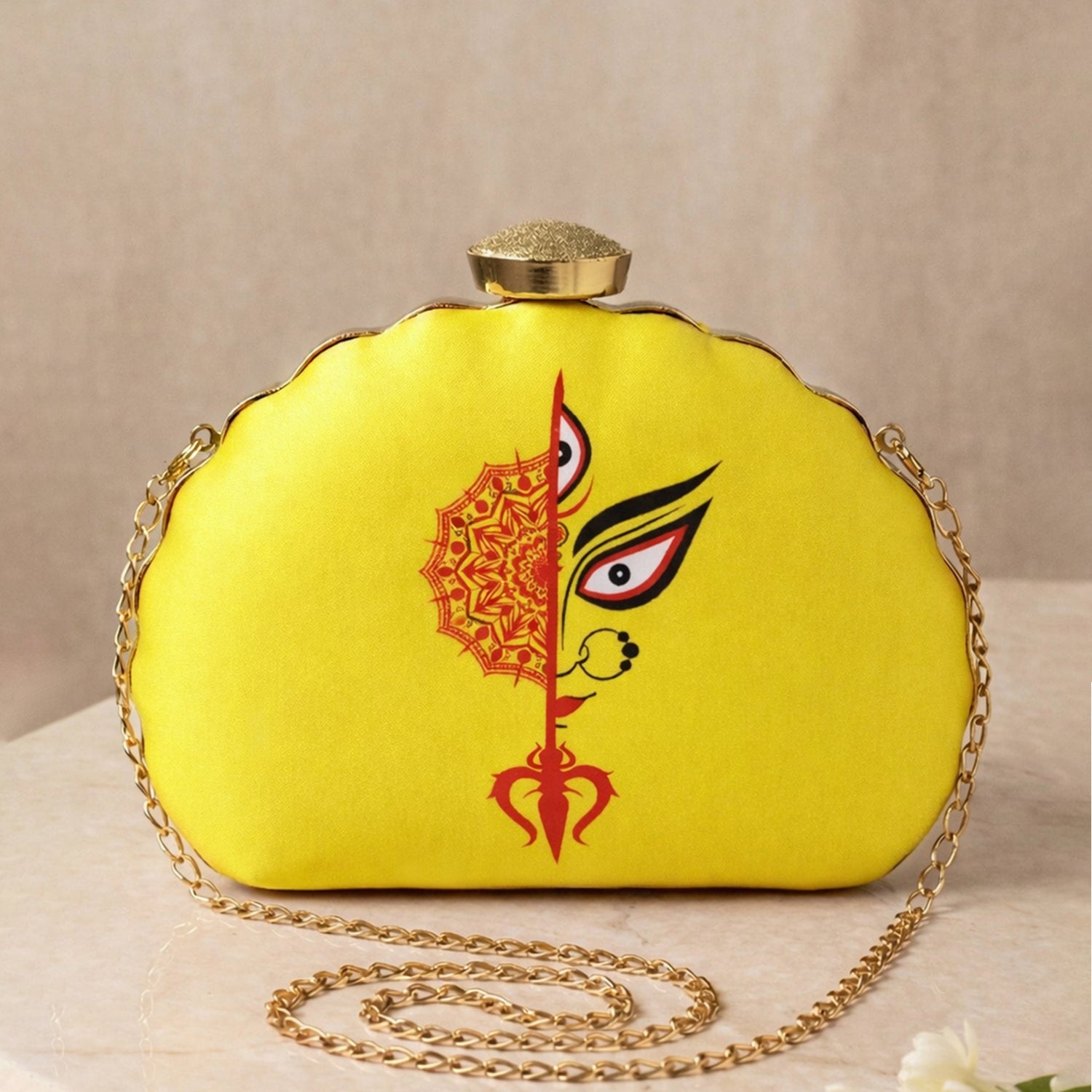 Artklim Yellow Durga Printed  D-Shape Clutch