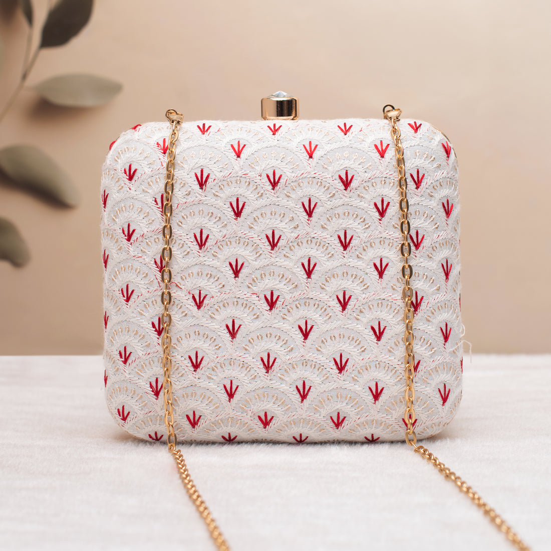 Artklim White with red–gold Bloom Embroidered Clutch