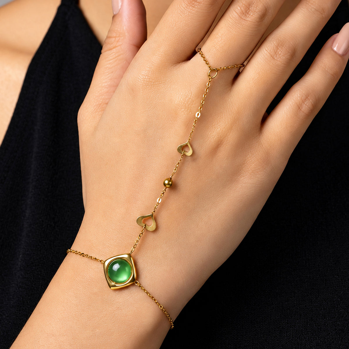 Artklim Luxe Green Stone Heart Ring Bracelet Gold-Tone Anti-Tarnish