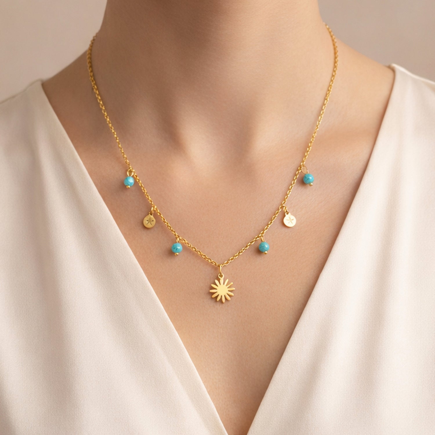 Artklim Gold-Plated Turquoise Bead & Sun Charm Anti-Tarnish Necklace