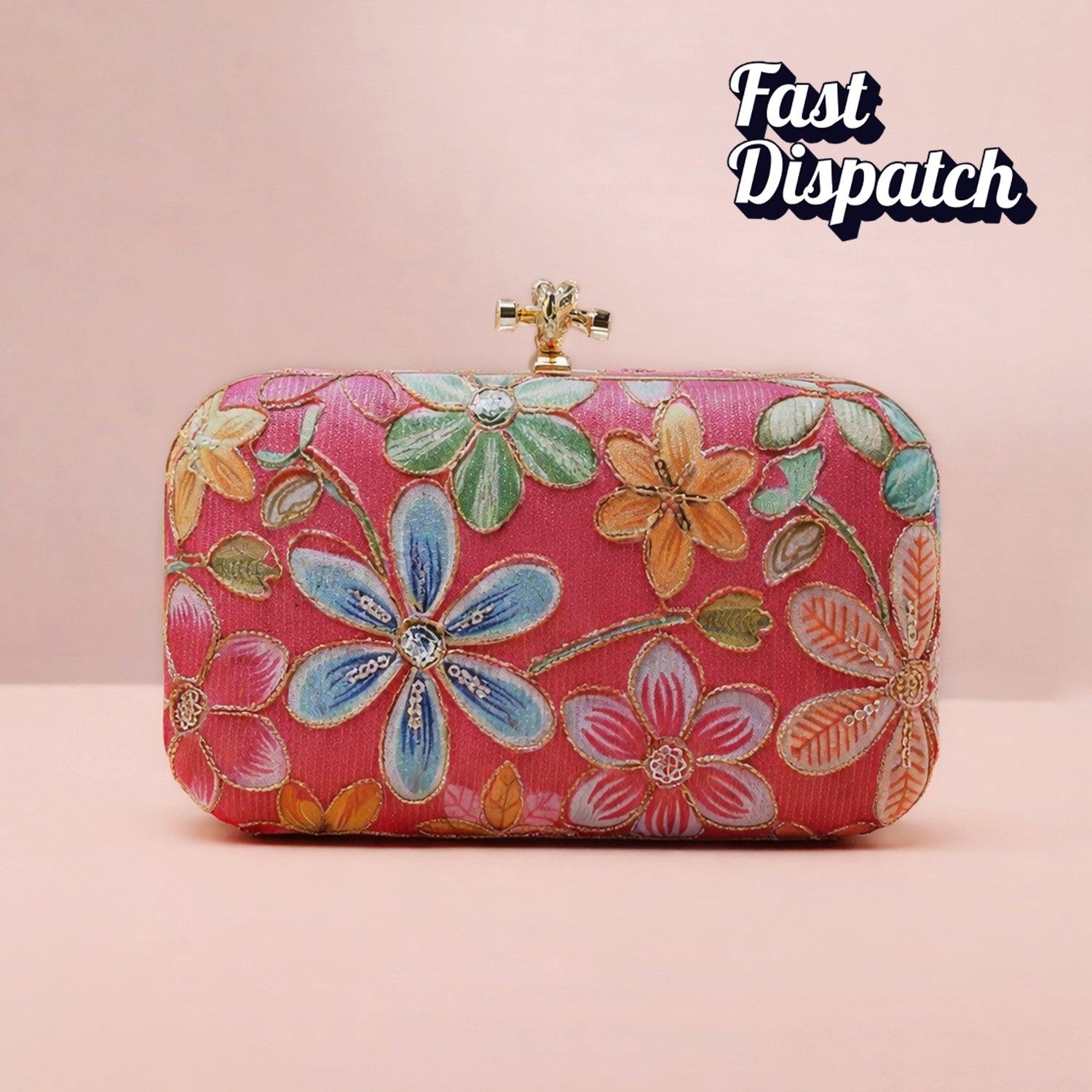 Artklim Pink Floral Embroidered Clutch