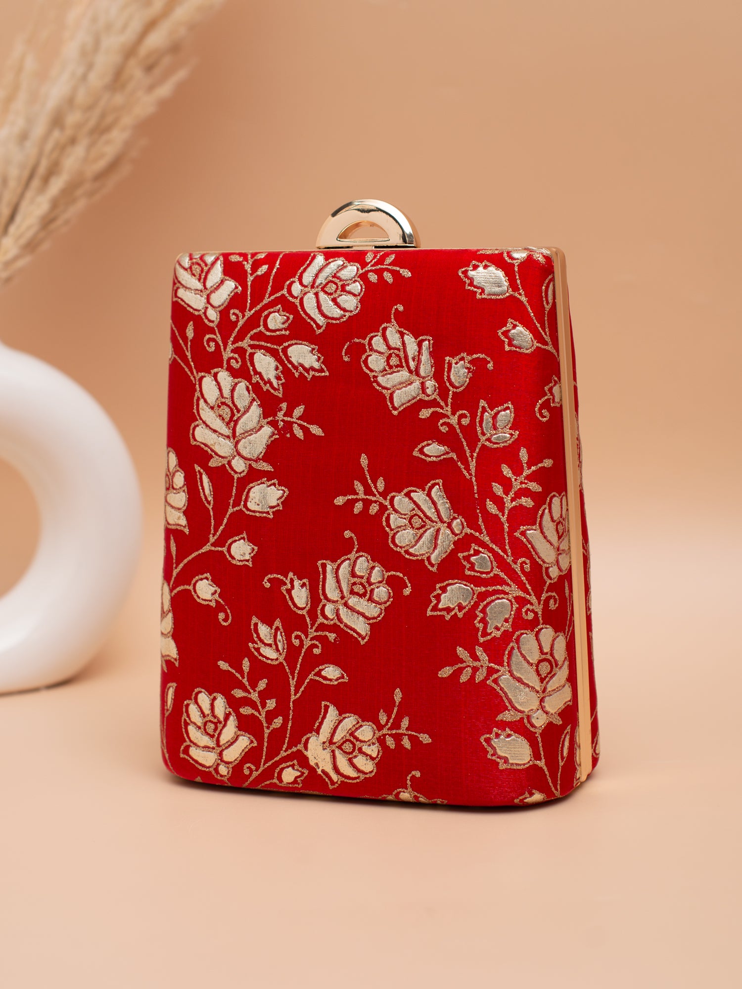 Artklim Red Clutch with Silver Floral Brocade