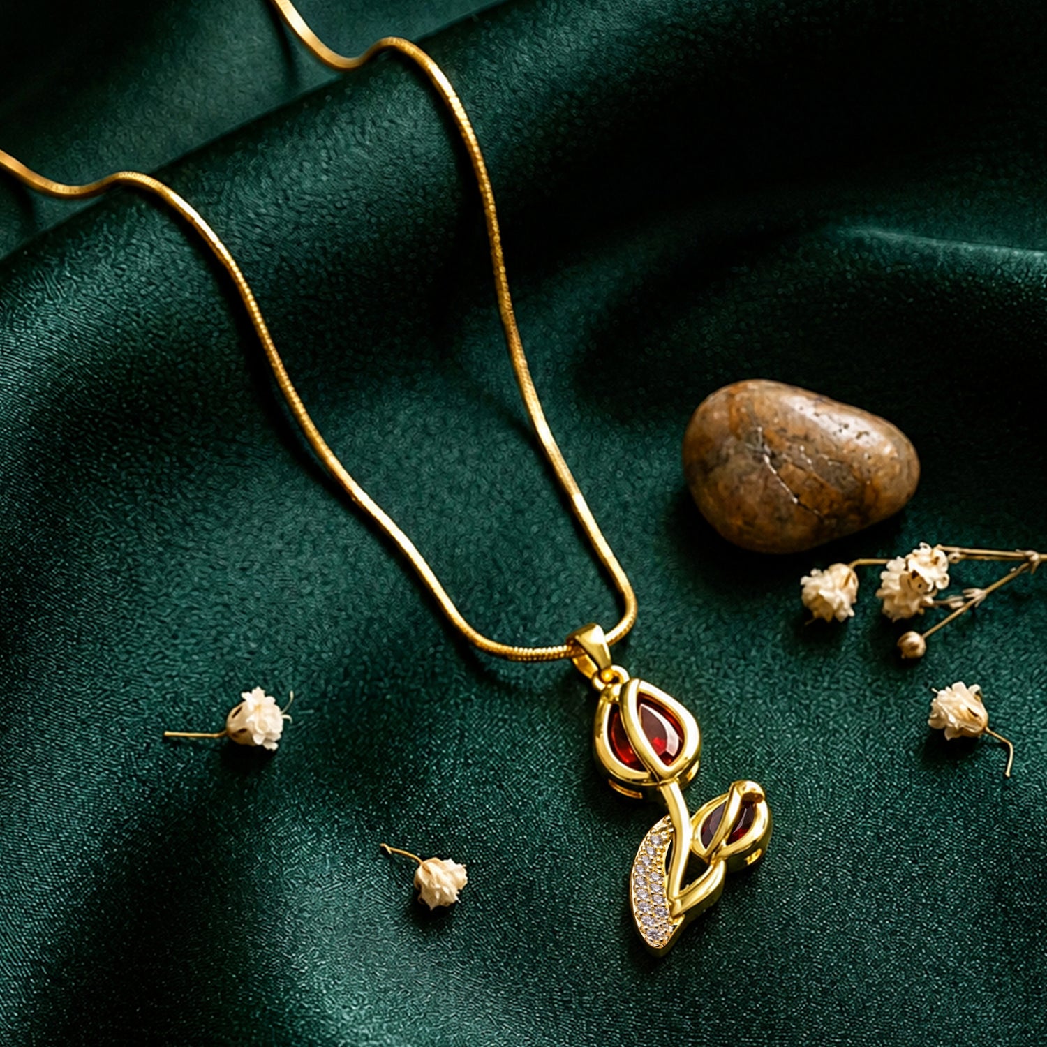 Artklim Ruby Leaf Twist Designer Anti-Tarnish Pendant Necklace