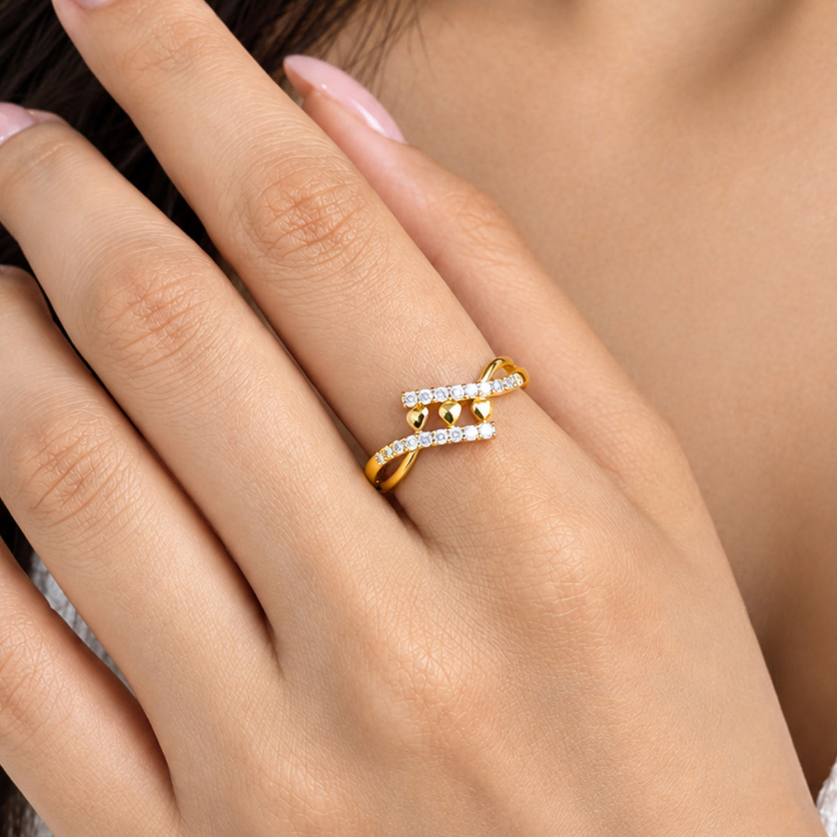 Artklim Luxe Triple-Bead Crystal Gold-Tone Anti-Tarnish Ring