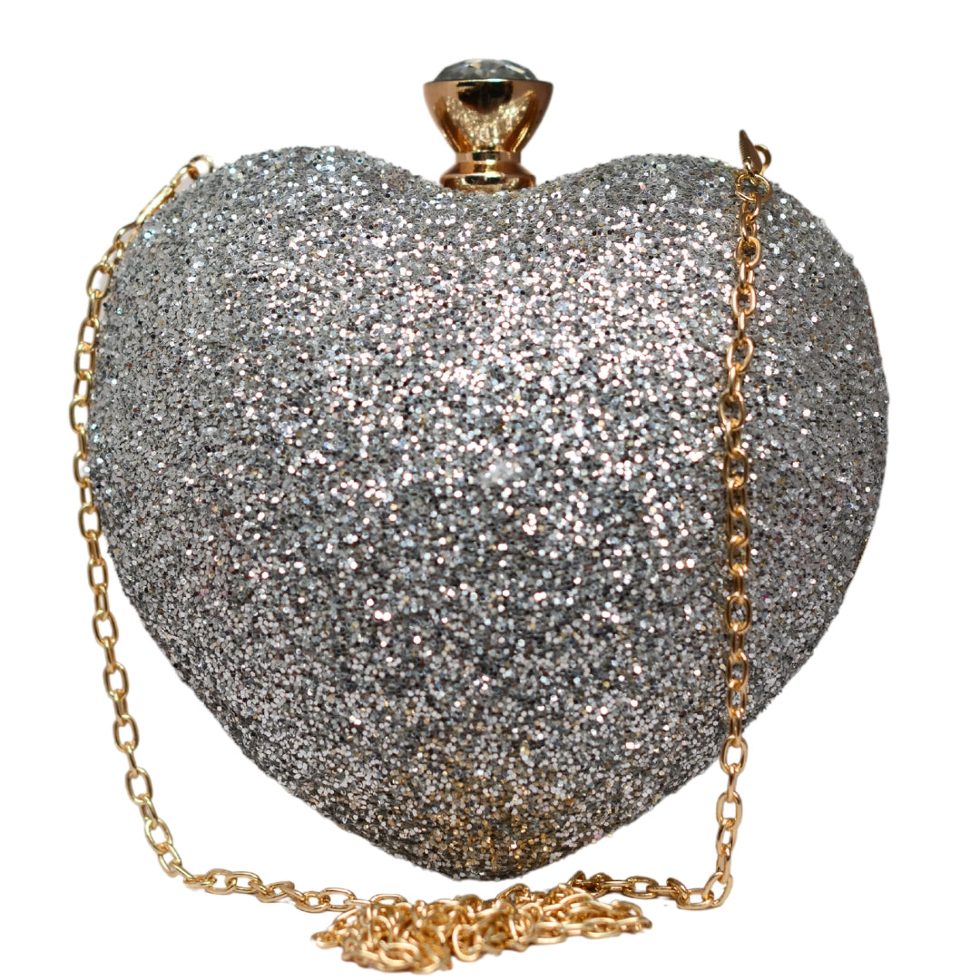Silver Glitter Heart Shape Valentine Clutch