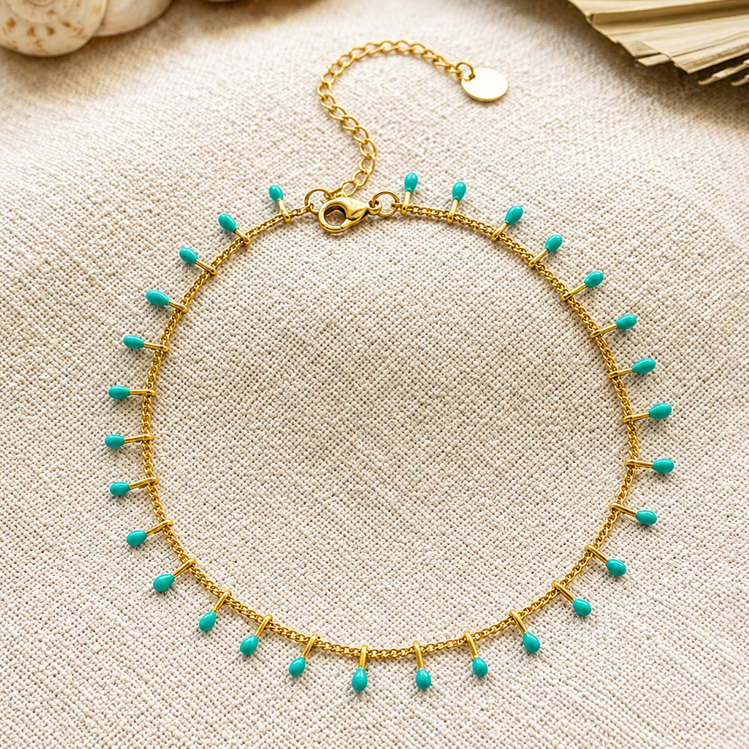 Artklim Turquoise Enamel Teardrop Charm Gold Chain Anti-Tarnish Anklet