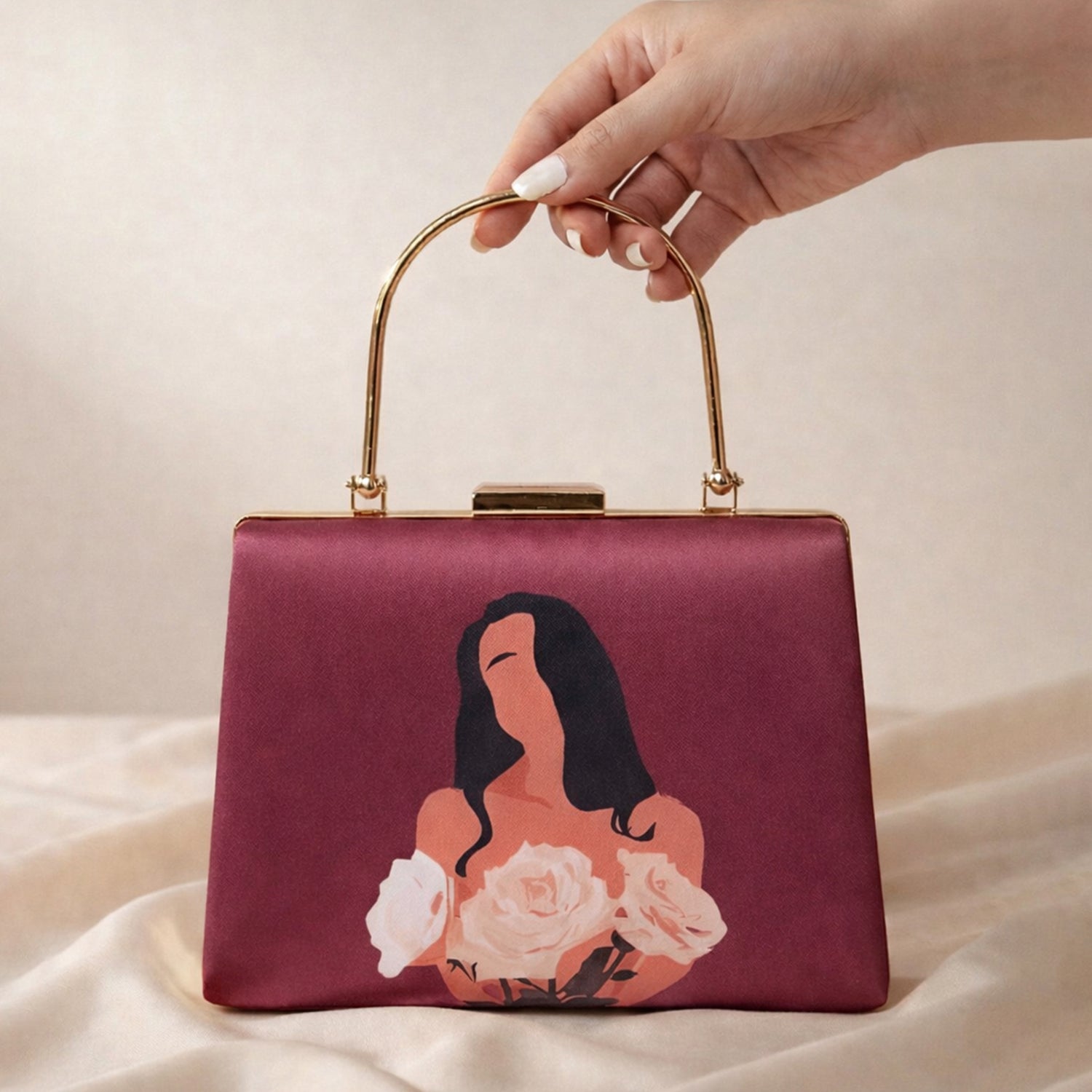 Artklim Maroon Based Floral Girl Portrait Printed Clutch