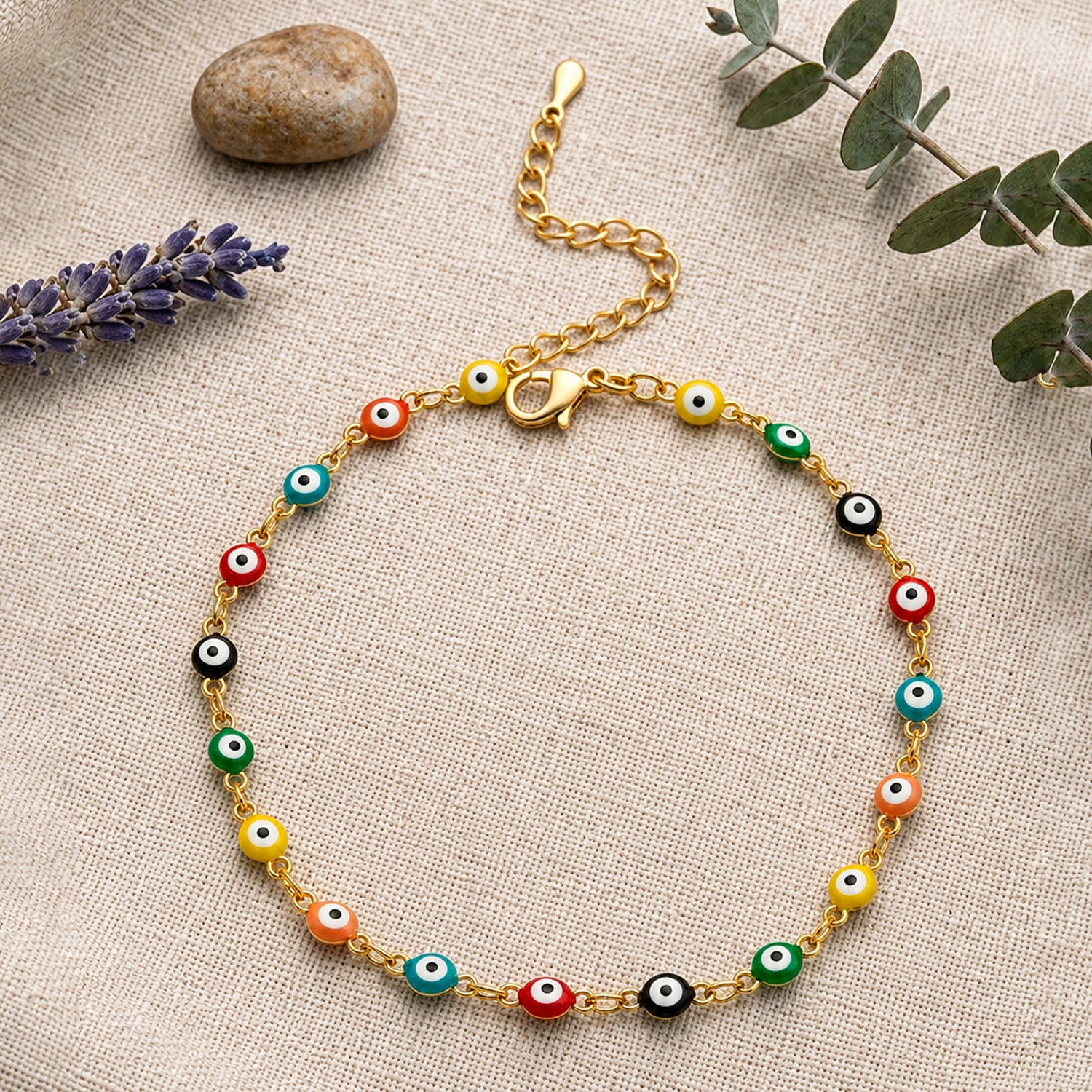 Artklim Multicolor Evil Eye Beaded Lucky Charm Anti-Tarnish Anklet