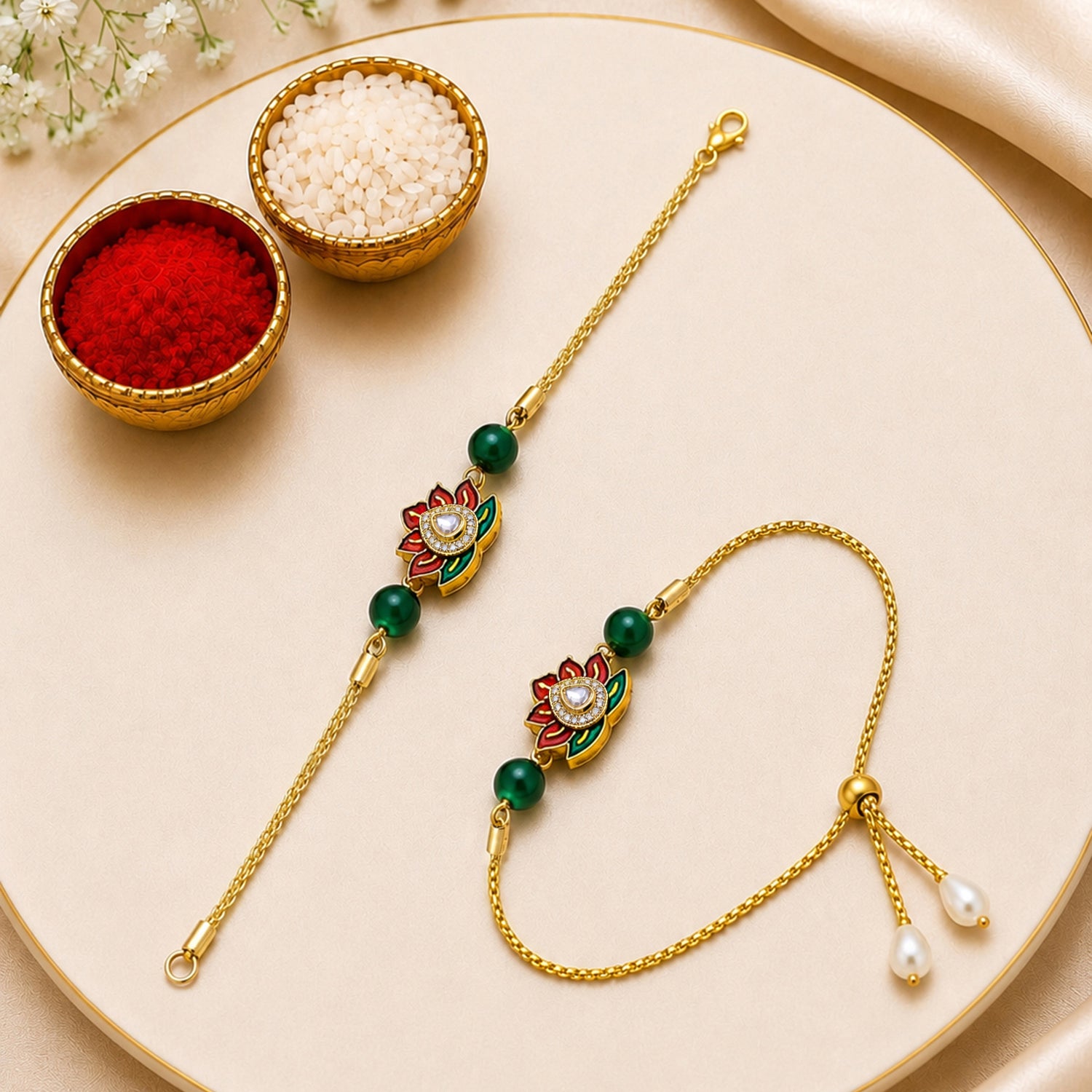 Artklim Lotus Designer Bhaiya Bhabhi Rakhi Set with Green Beads