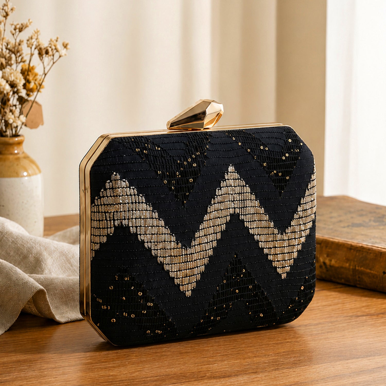 Artklim Black Sequin Embroidery Clutch