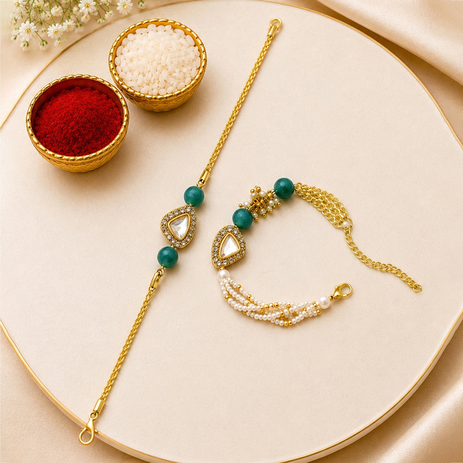 Artklim Gold-Plated Teardrop Kundan Bhaiya bhabhi Rakhi Set