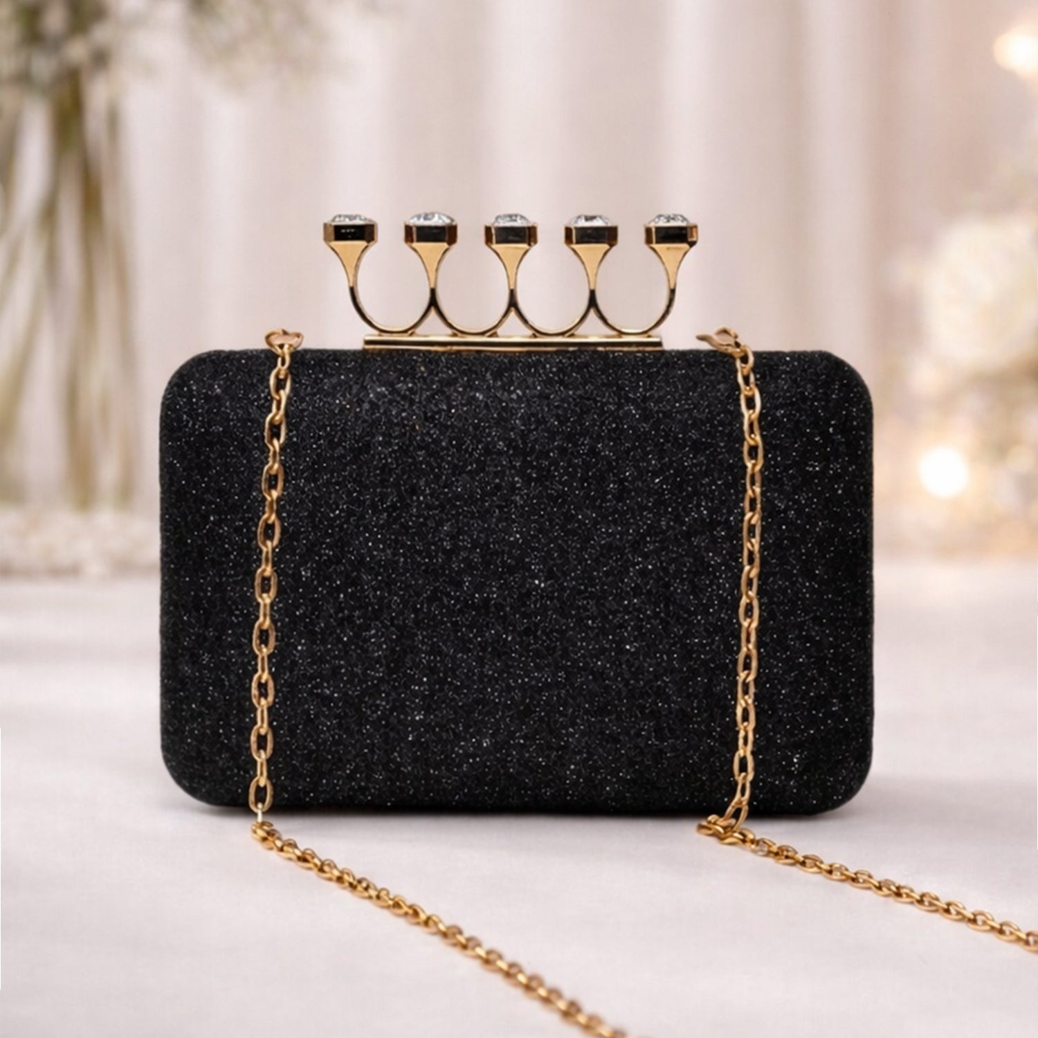 Artklim Black Stylish Midnight Luxe Glitter Embroidery Clutch