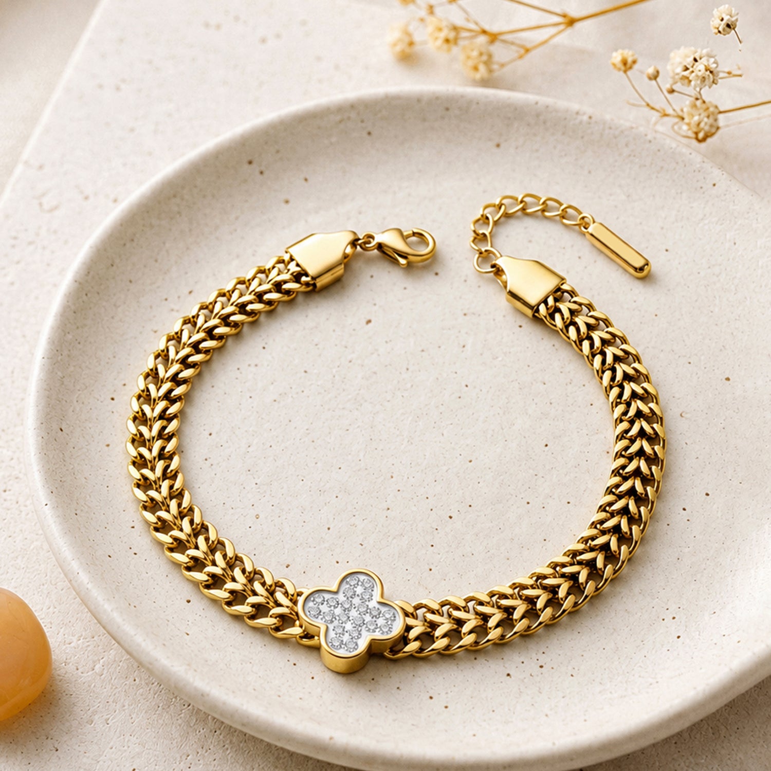 Artklim Crystal Clover Double Chain Gold Anti-Tarnish Bracelet