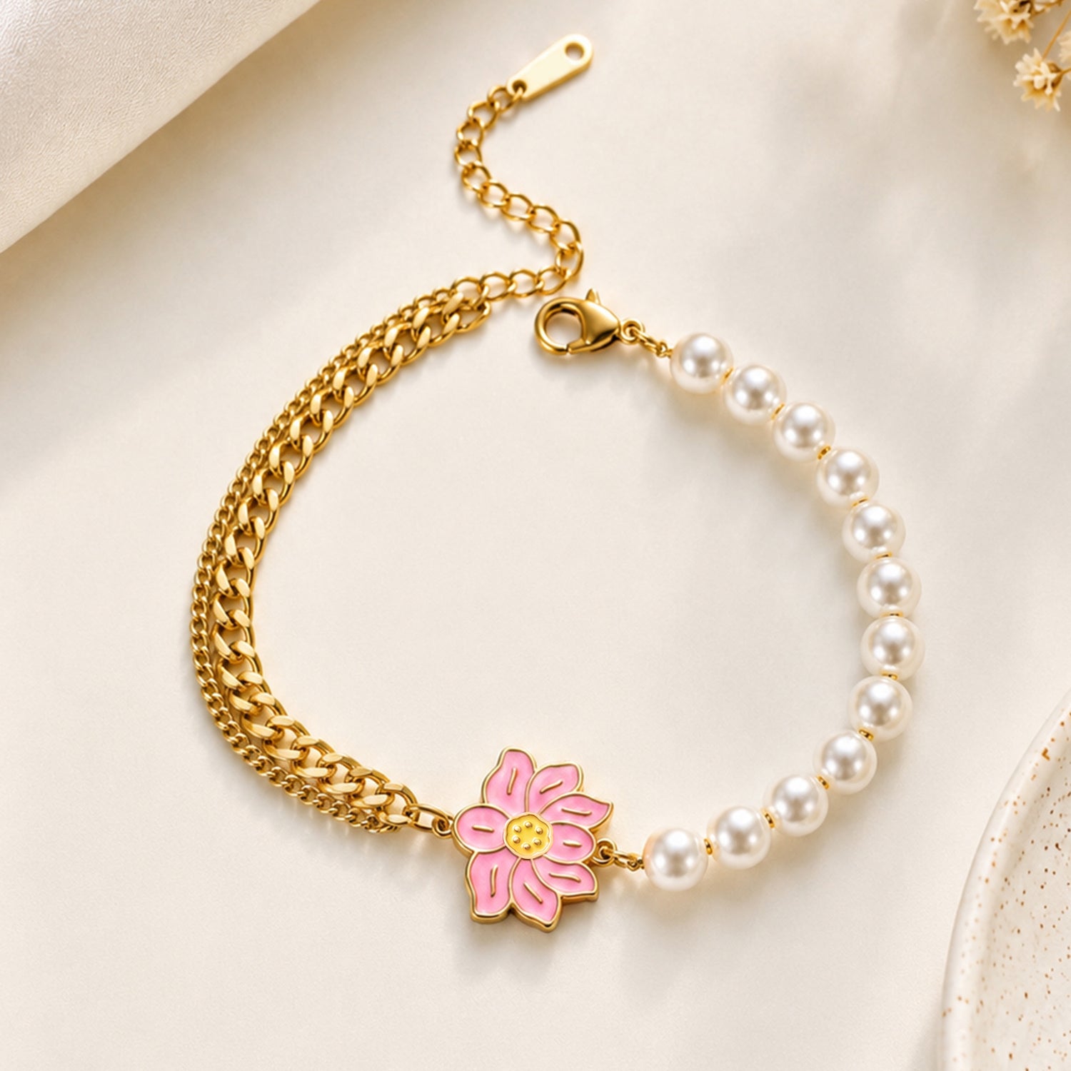 Artklim Pink Sakura Pearl Chain Gold-Tone Anti-Tarnish Bracelet