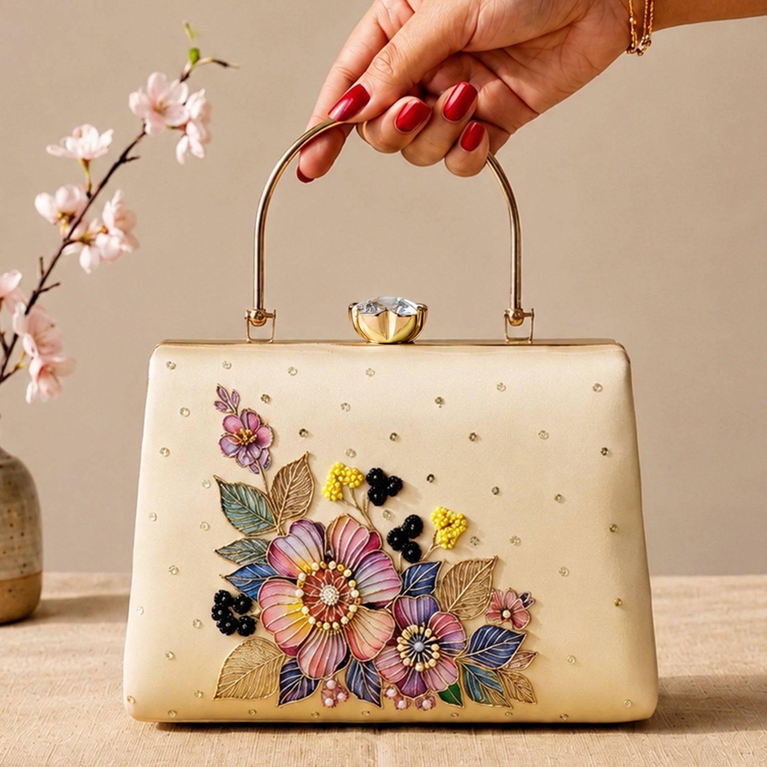 Artklim Printed Elegant Floral Pearl Embellished Clutch with Hand Embroidery