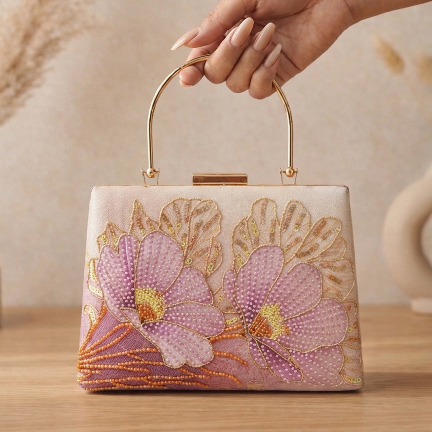 Artklim Printed Blush Pink Floral Beaded Clutch with Hand Embroidery