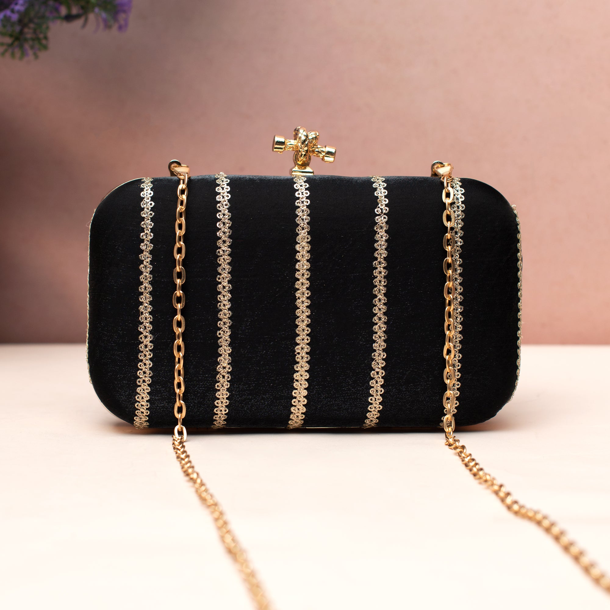 Artklim Midnight Black Gold-Striped Embroidered Clutch