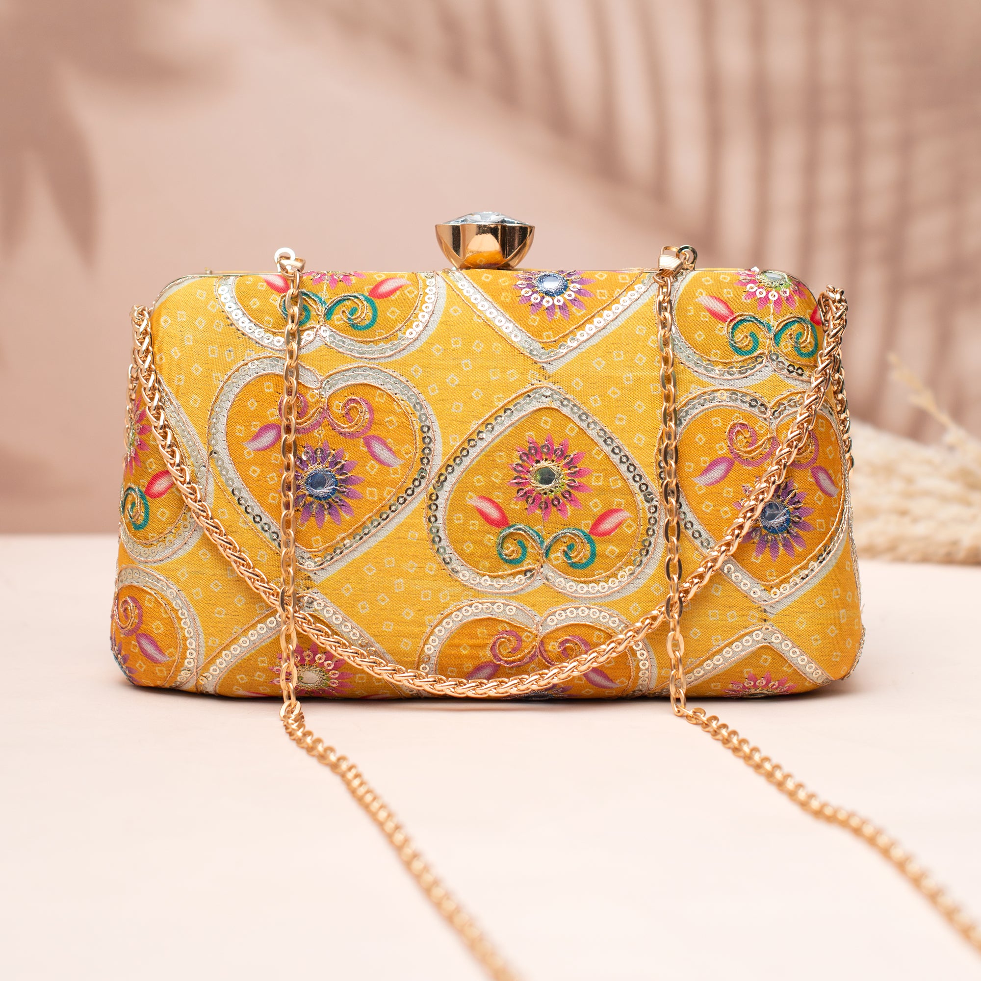 Artklim Mustard Yellow Circular Motif Clutch