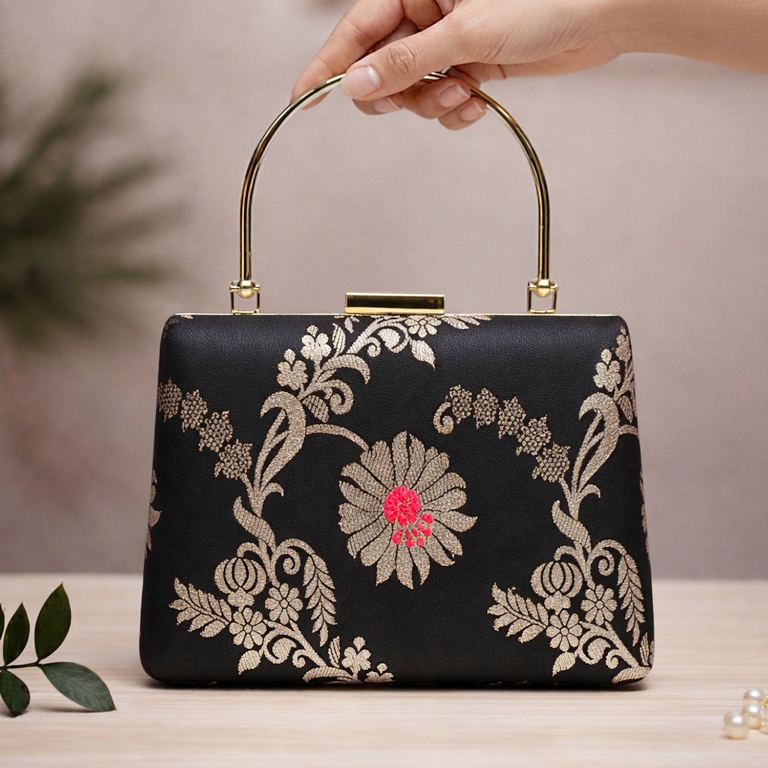 Artklim Black Based Silver Floral Pattern Brocade Fabric Clutch