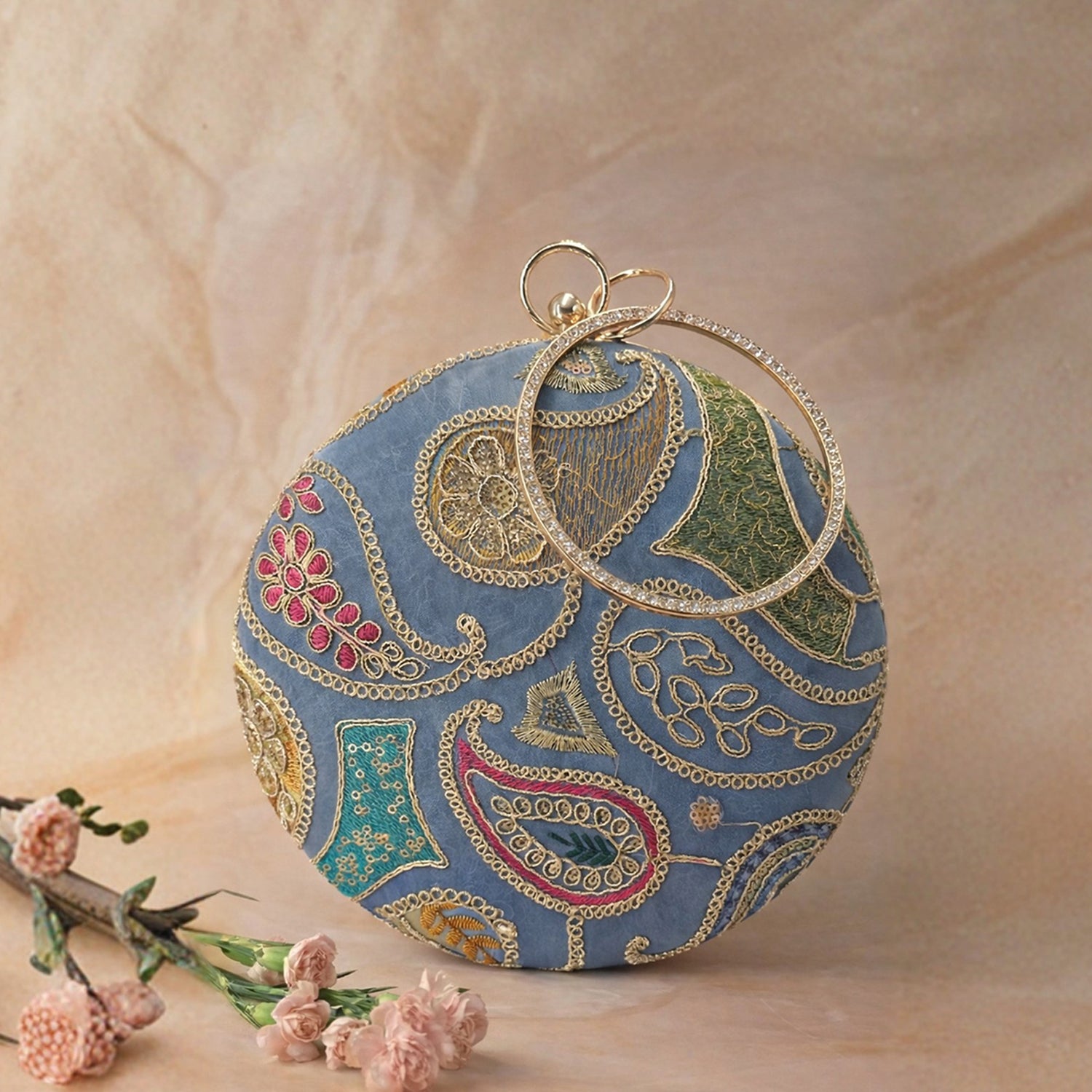 Artklim Royal Blue Round Embroidered Clutch