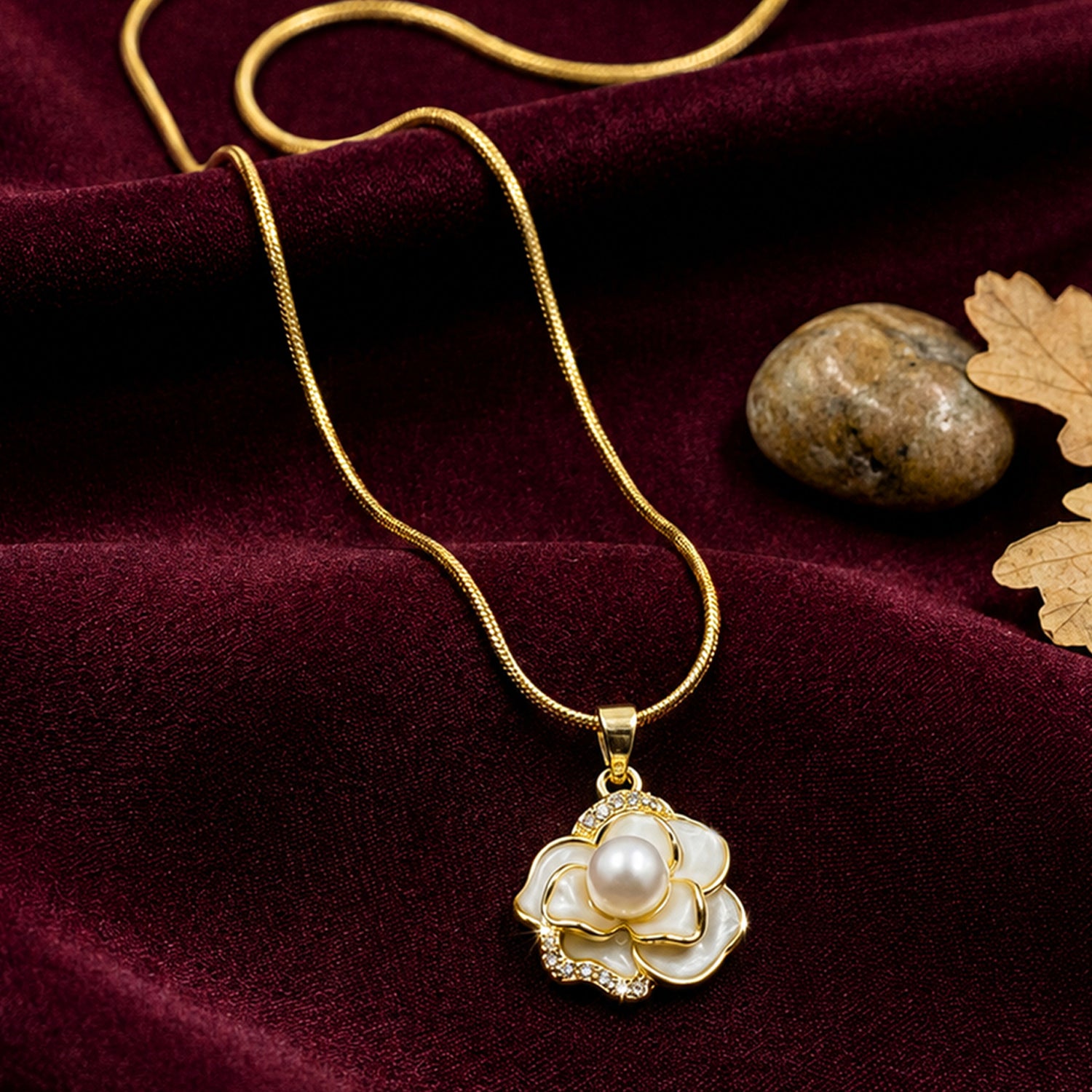 Artklim Pearl Camellia Floral Anti-Tarnish Pendant Necklace