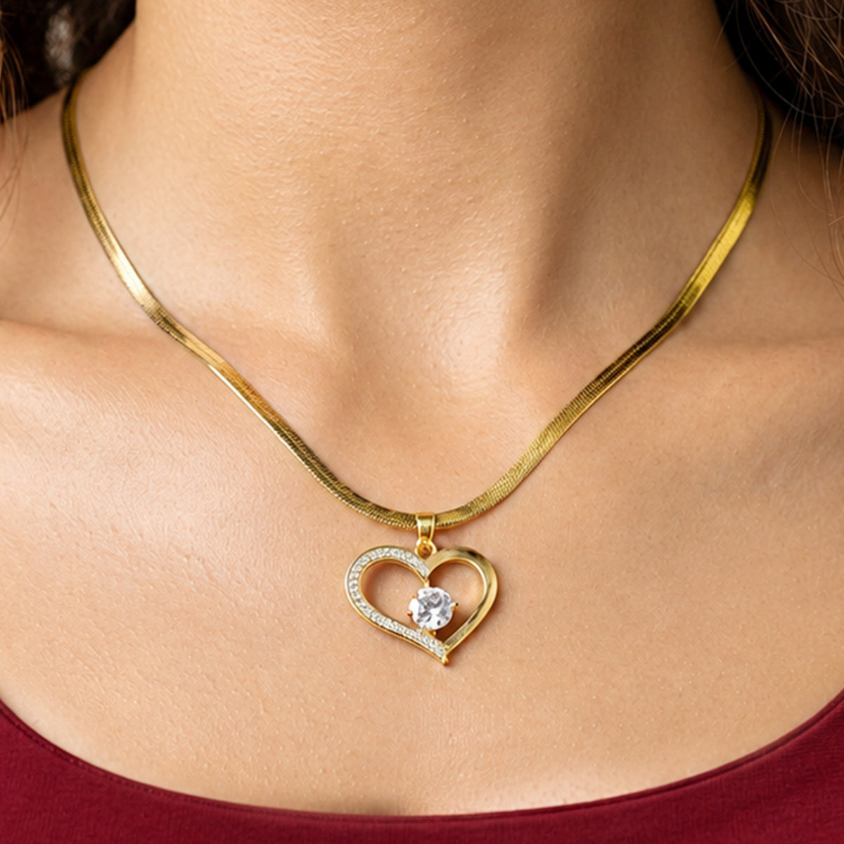 Artklim Elegant Double Heart Crystal Gold Anti-Tarnish Pendant Necklace
