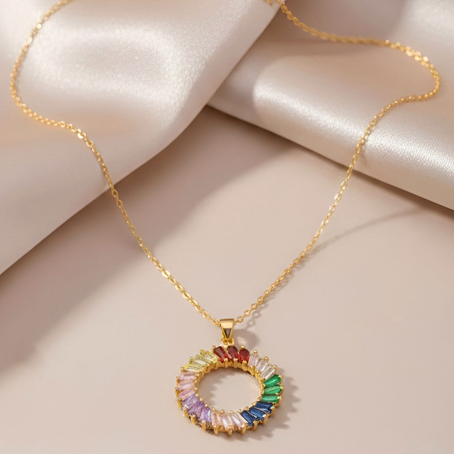 Artklim Gold-Plated Rainbow Baguette Stone Circle Anti-Tarnish Pendant Necklace