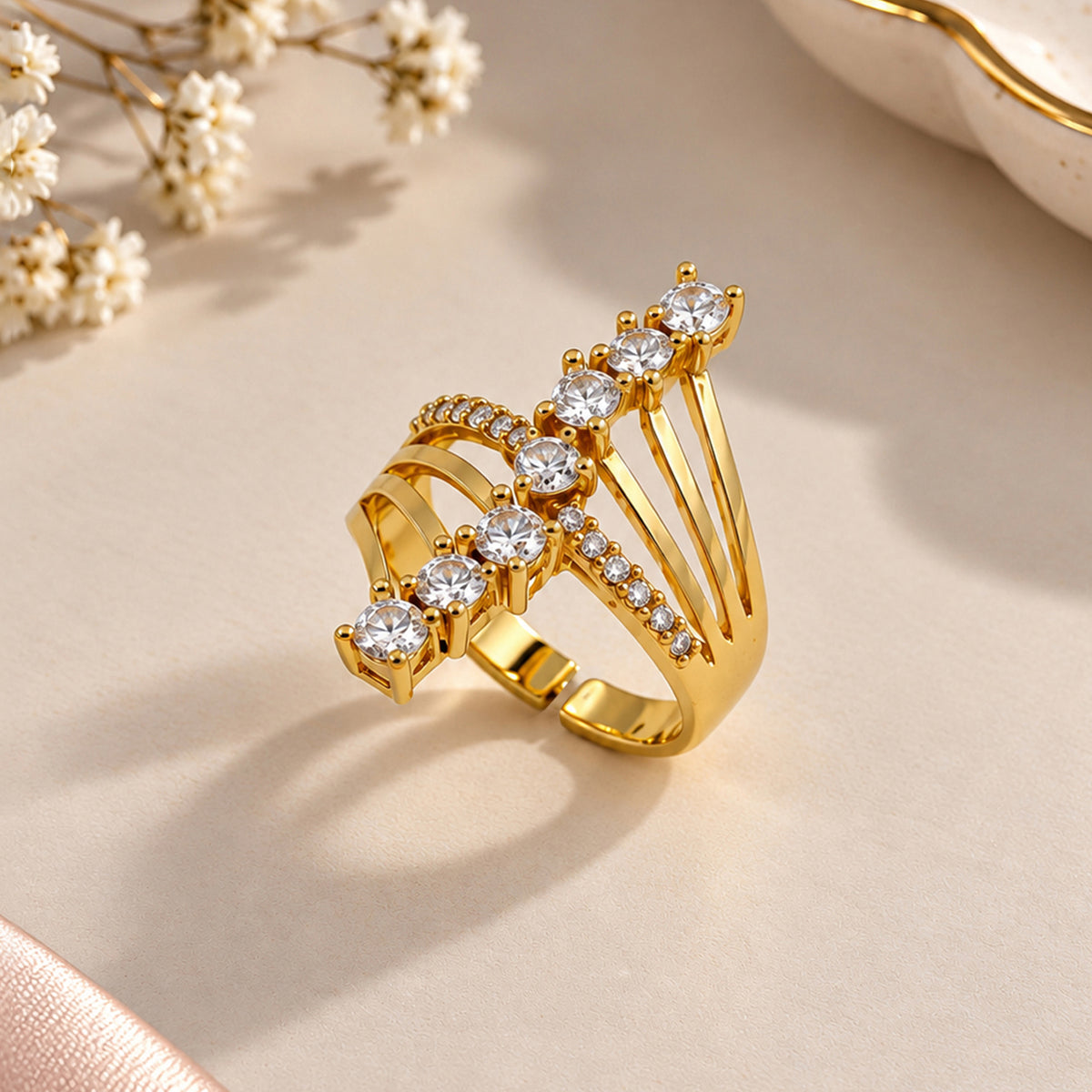 Artklim Elegant Multi-Stone Crystal Gold-Tone Anti-Tarnish Ring