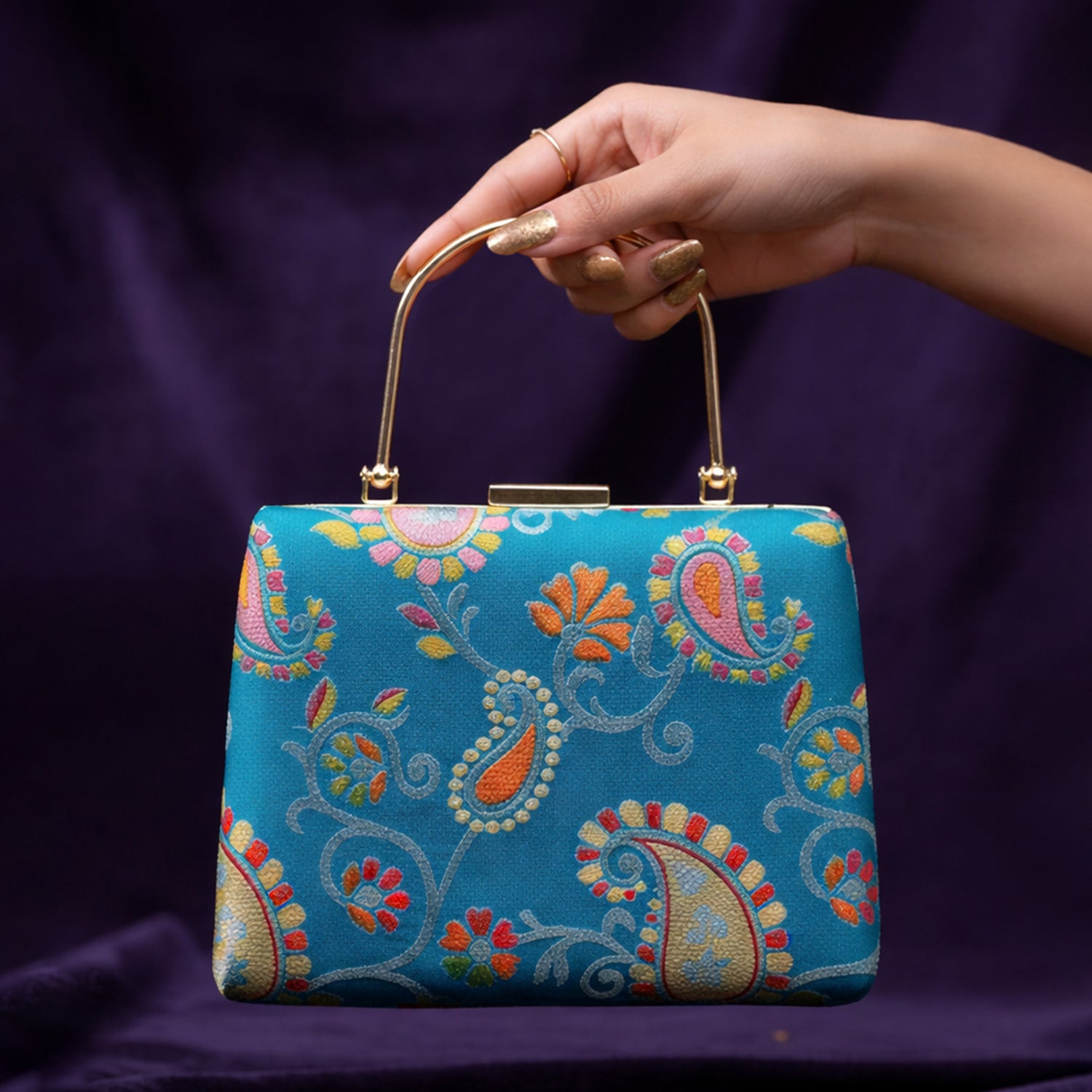 Artklim Blue Based Floral Pattern Printed Clutch