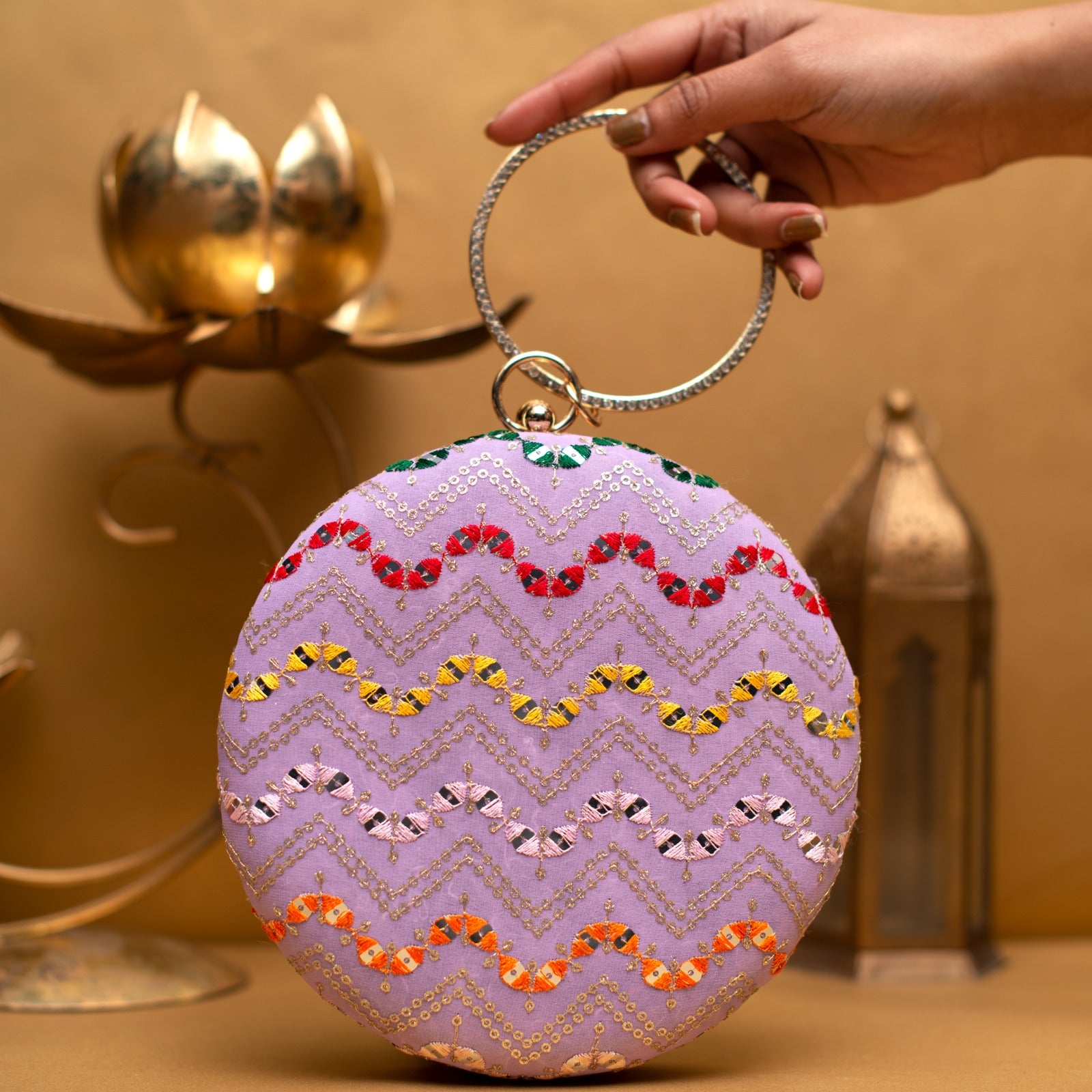 Lavender Multicoloured Round Embroidery Clutch