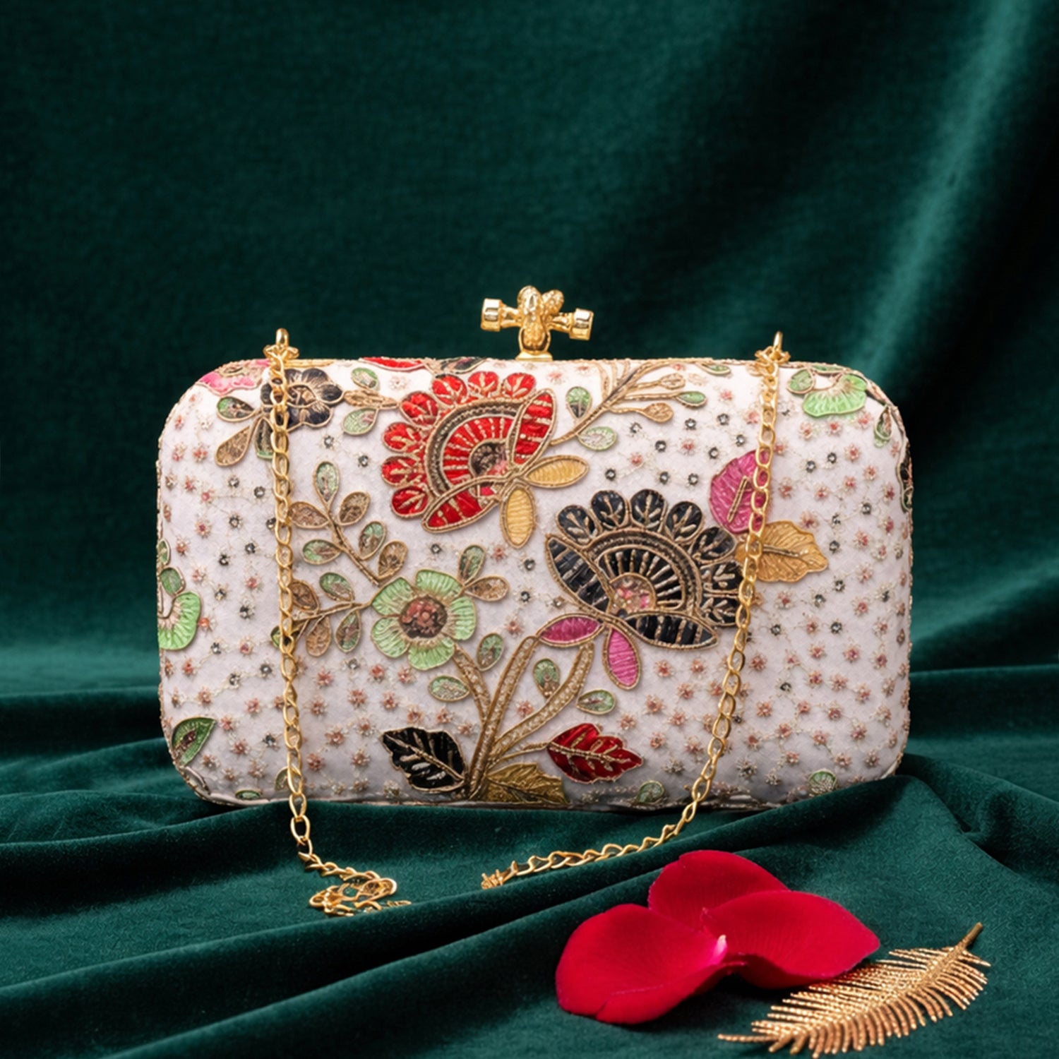 Artklim White Based Multicolored Threadwork And Sequins Embroidery Clutch