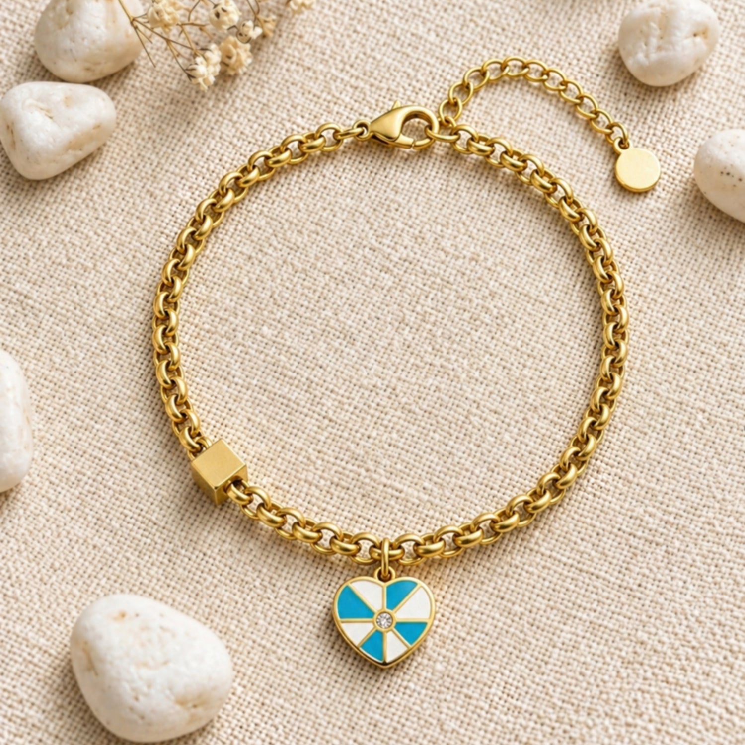 Artklim Blue Heart Charm Gold Anti-tarnish Bracelet