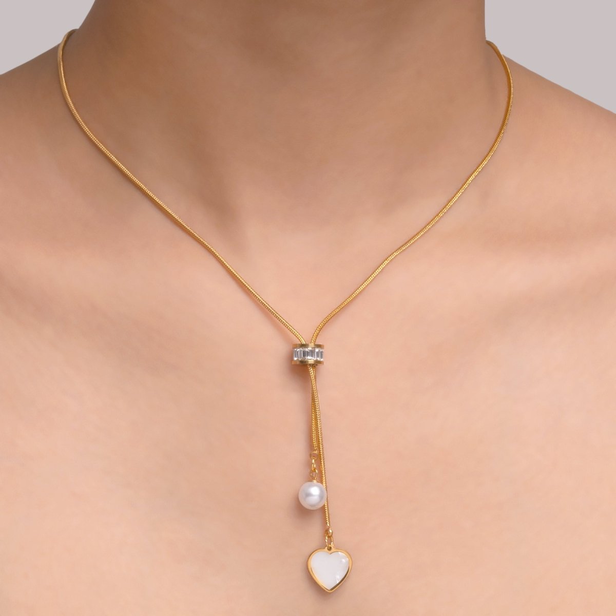 Artklim Gold Plated Dangling Heart And Pearl Pendant Necklace