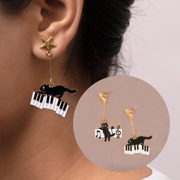 Artklim Black Cats On Piano Mismatched Drop Earrings