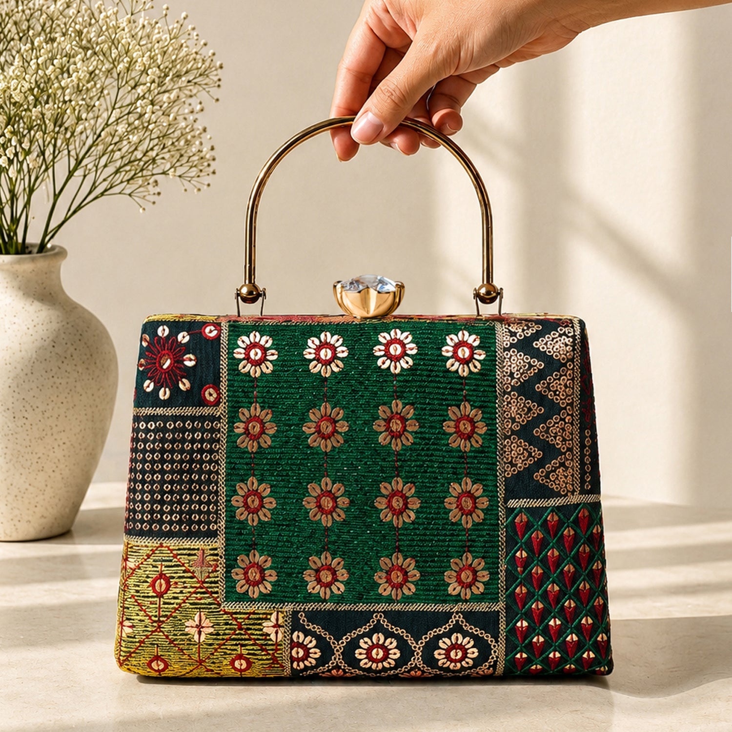Artklim Green Floral Patchwork Ethnic Embroidery Clutch