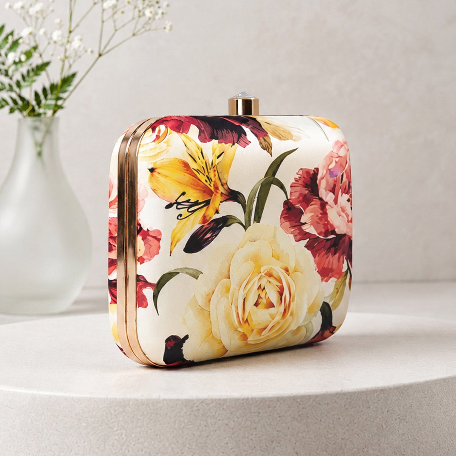 Artklim Yellow and Red Floral Printed Clutch