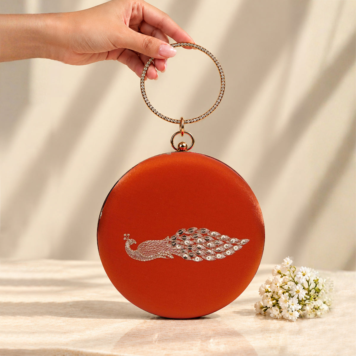 Artklim Elegant Rust Orange Embroidery Round Clutch Bag with Intricate Peacock Design